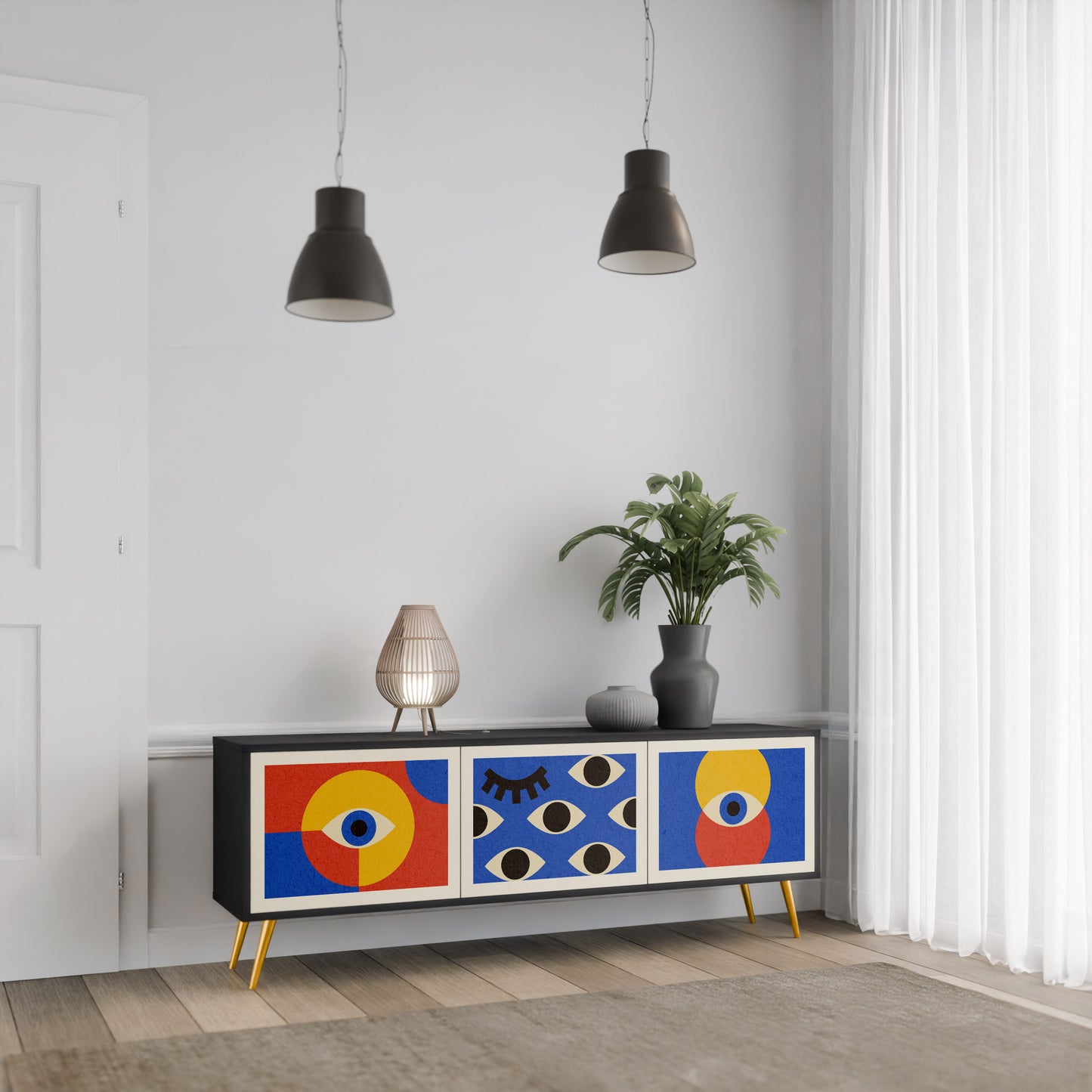 GEOMETRIC EYES 3-dörrars TV-bänk i svart finish