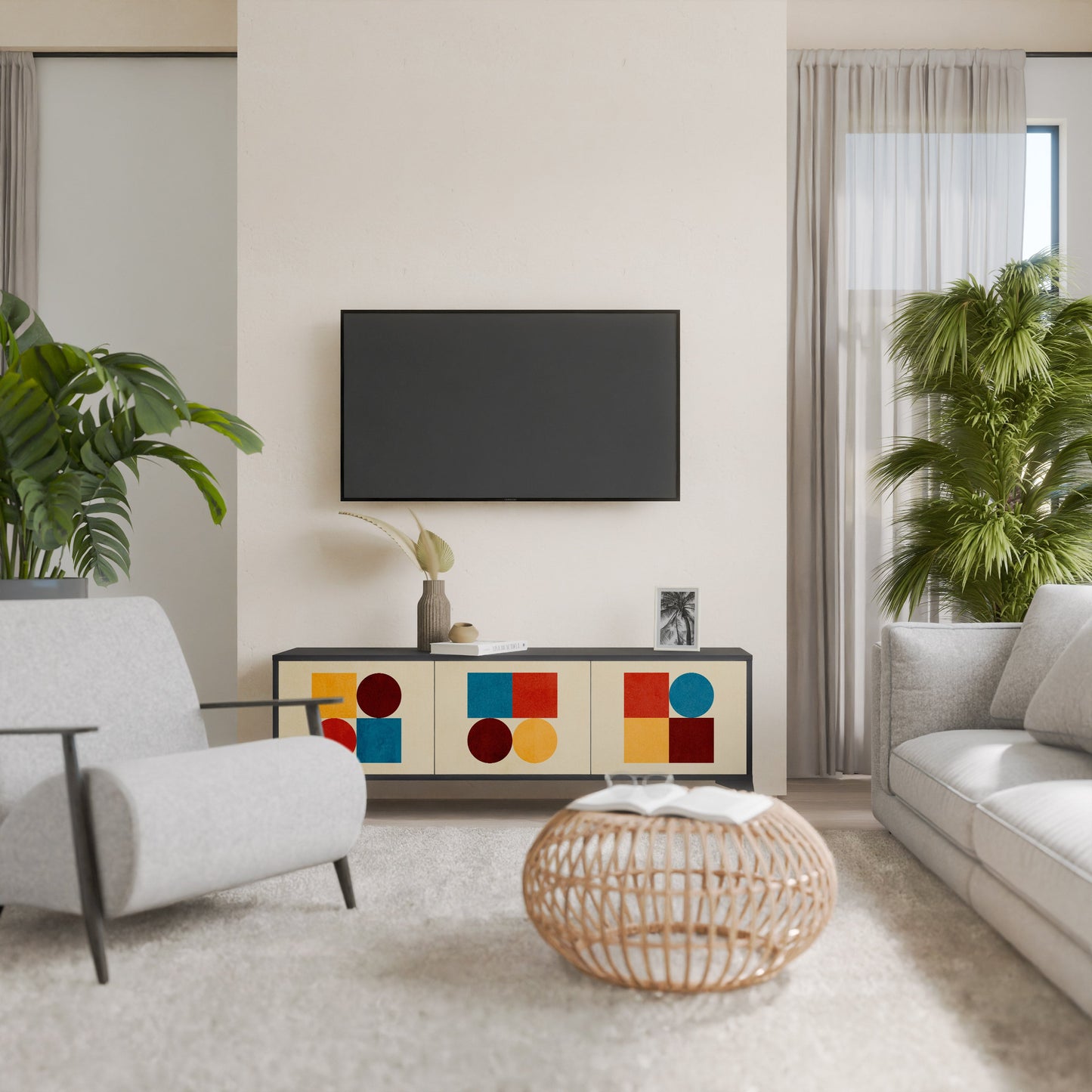 GEOMETRIC PUZZLE 3-Door TV Stand in Black Finish