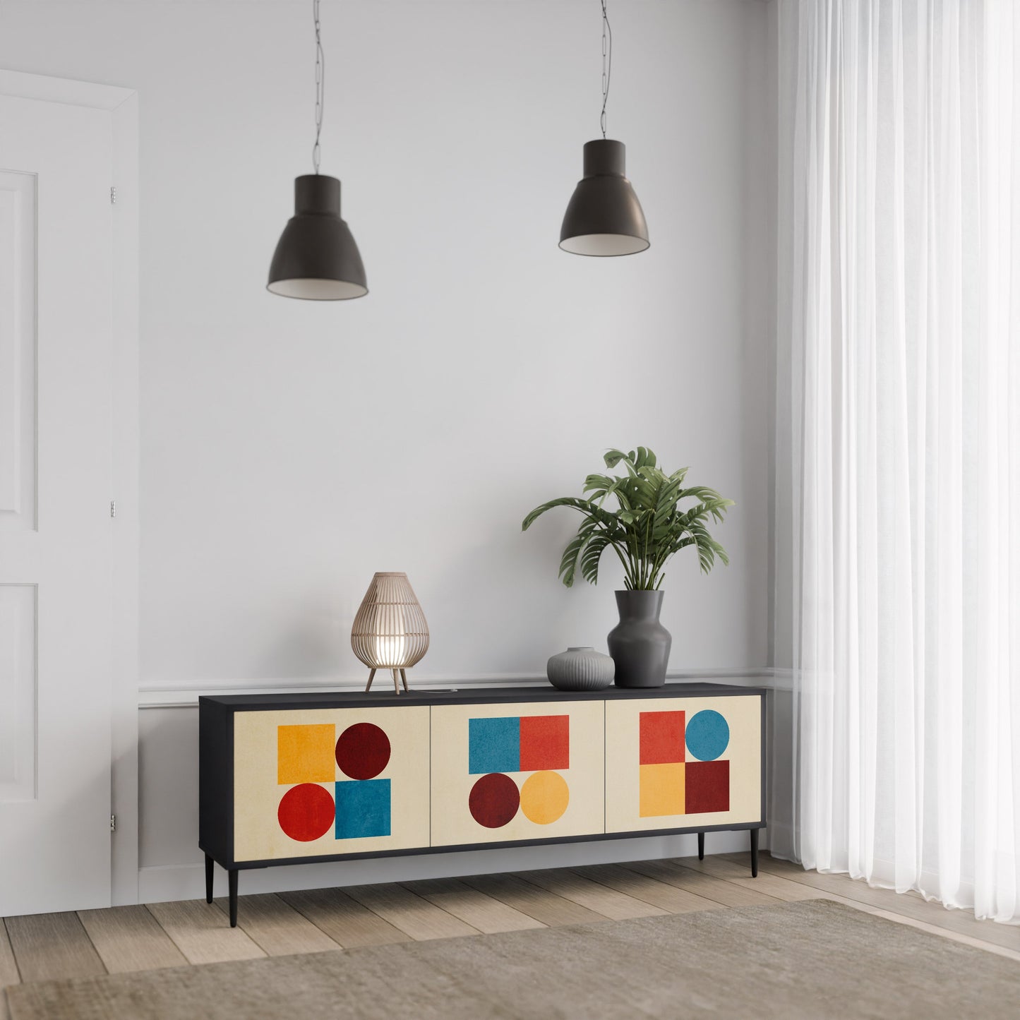 GEOMETRIC PUZZLE 3-Door TV Stand in Black Finish