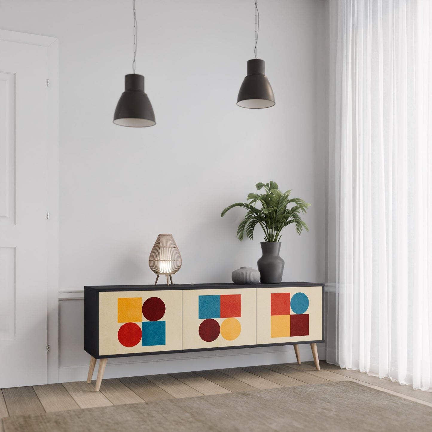 GEOMETRIC PUZZLE 3-Door TV Stand in Black Finish