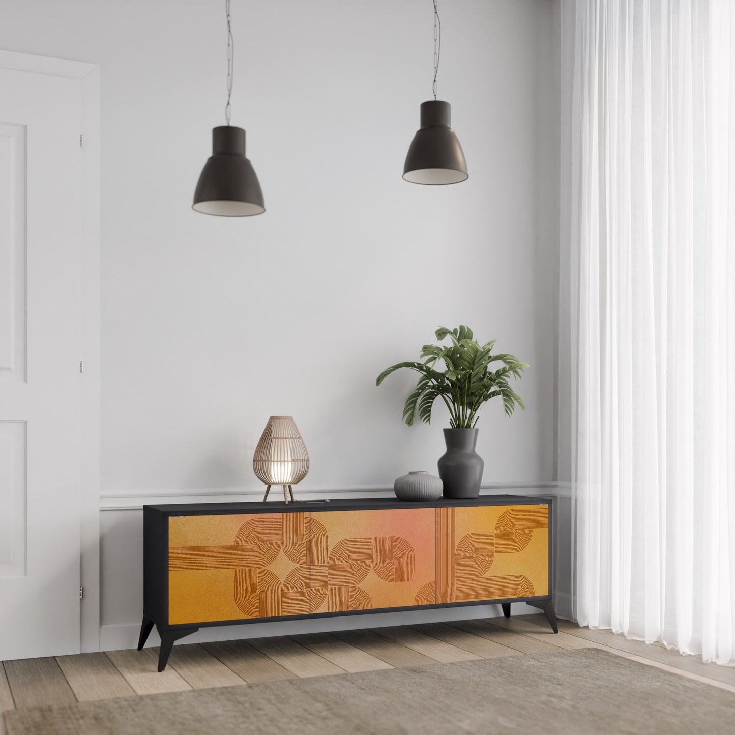 STRENGTHENING RELATION 3-Door TV Stand in Black Finish