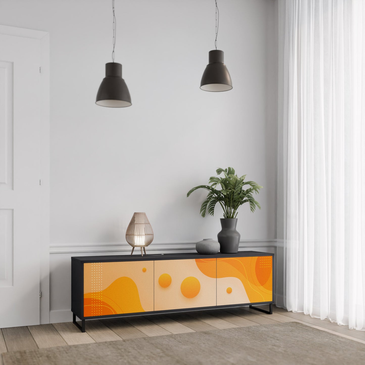 ORANGE ARRANGEMENT TV-bänk med 3 dörrar i svart finish