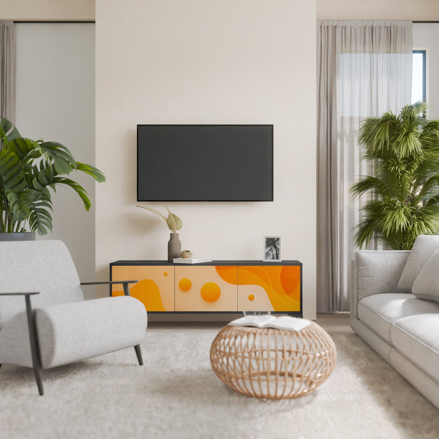 ORANGE ARRANGEMENT TV-bänk med 3 dörrar i svart finish