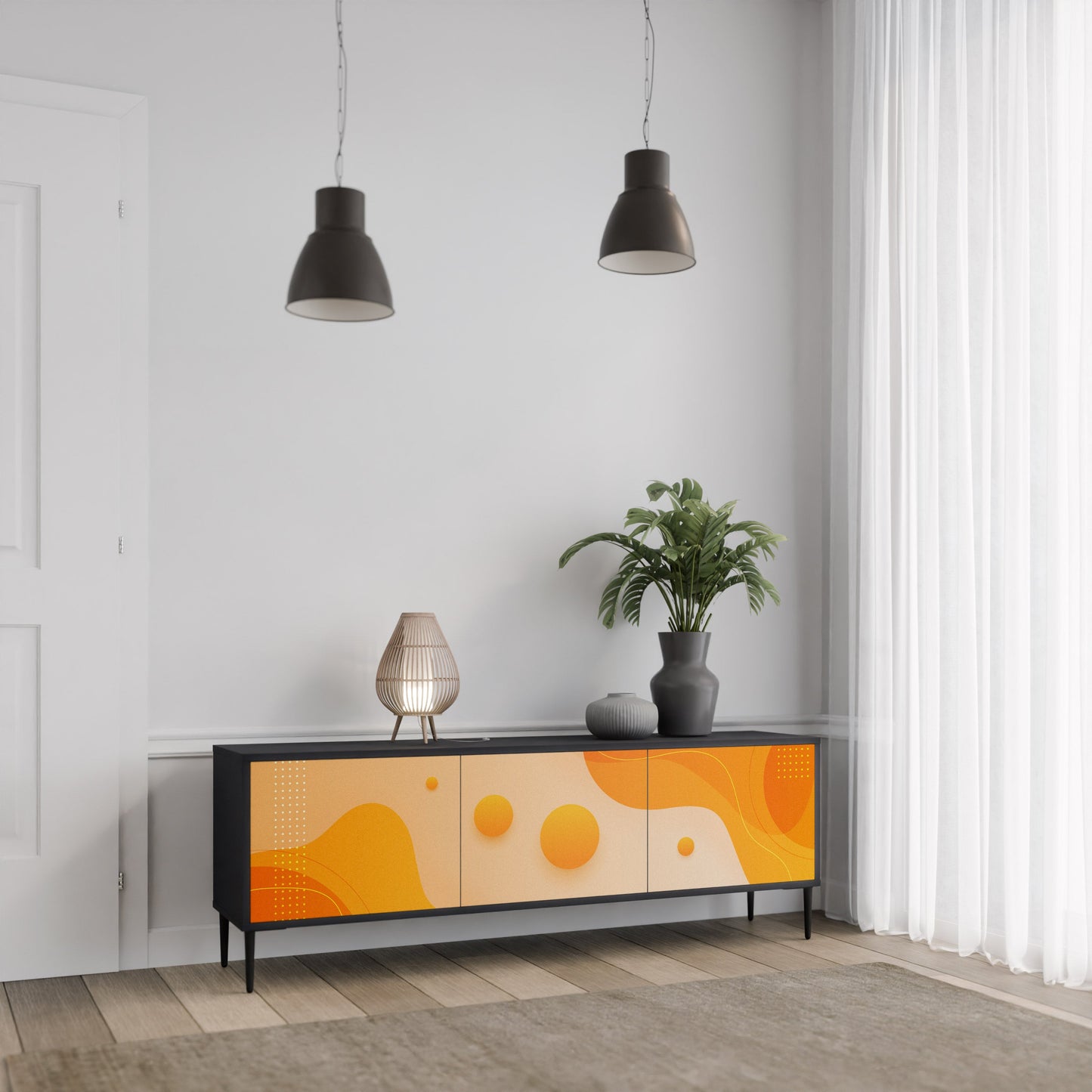 ORANGE ARRANGEMENT TV-bänk med 3 dörrar i svart finish