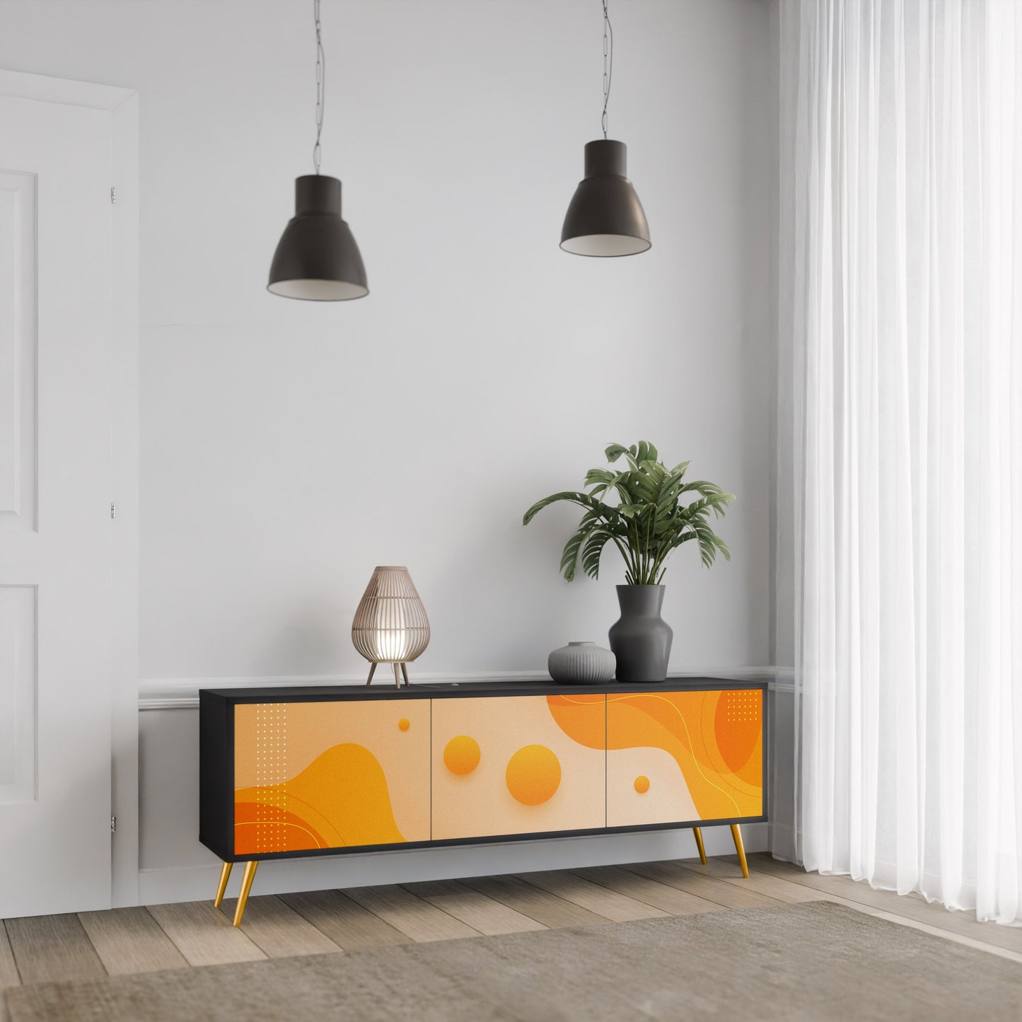 ORANGE ARRANGEMENT TV-bänk med 3 dörrar i svart finish