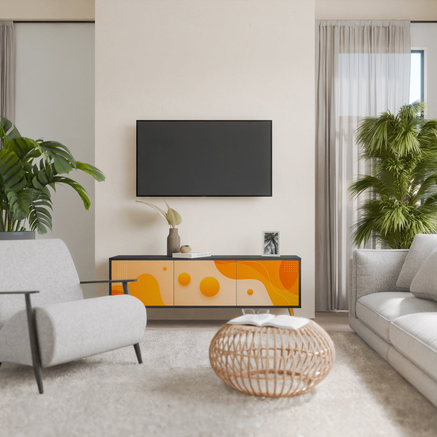 ORANGE ARRANGEMENT TV-bänk med 3 dörrar i svart finish