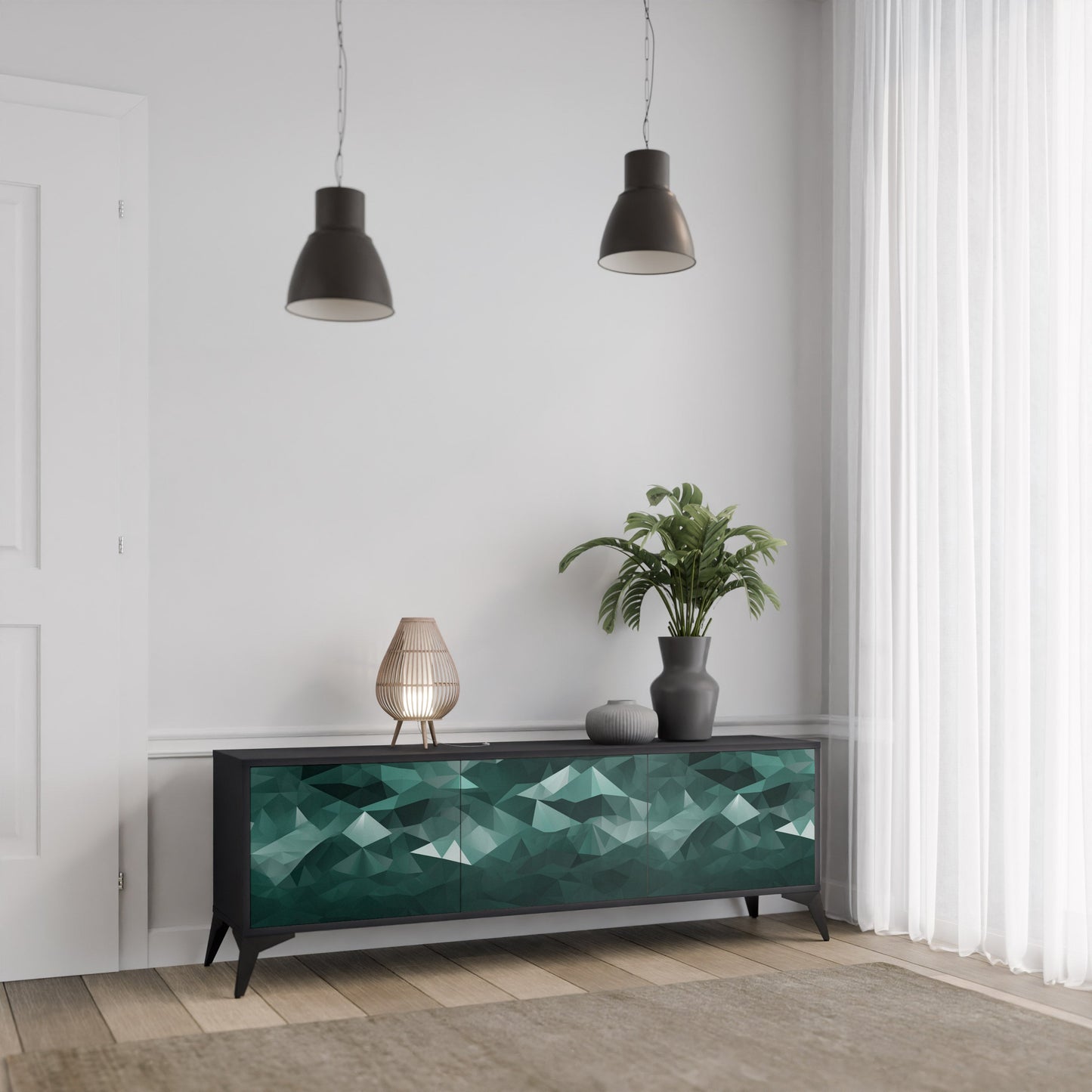 POLYGONAL SVÄVANDE TV-STÄB med 3 dörrar i svart finish