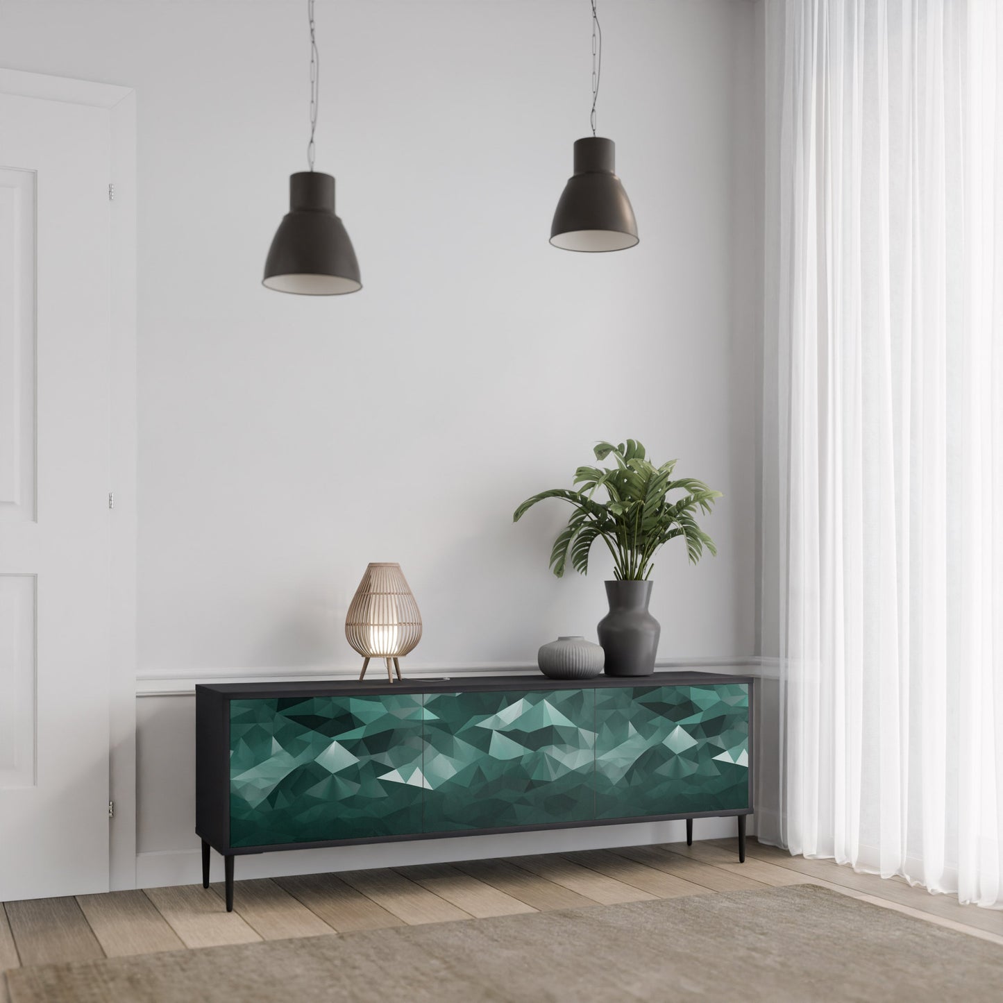 POLYGONAL SVÄVANDE TV-STÄB med 3 dörrar i svart finish
