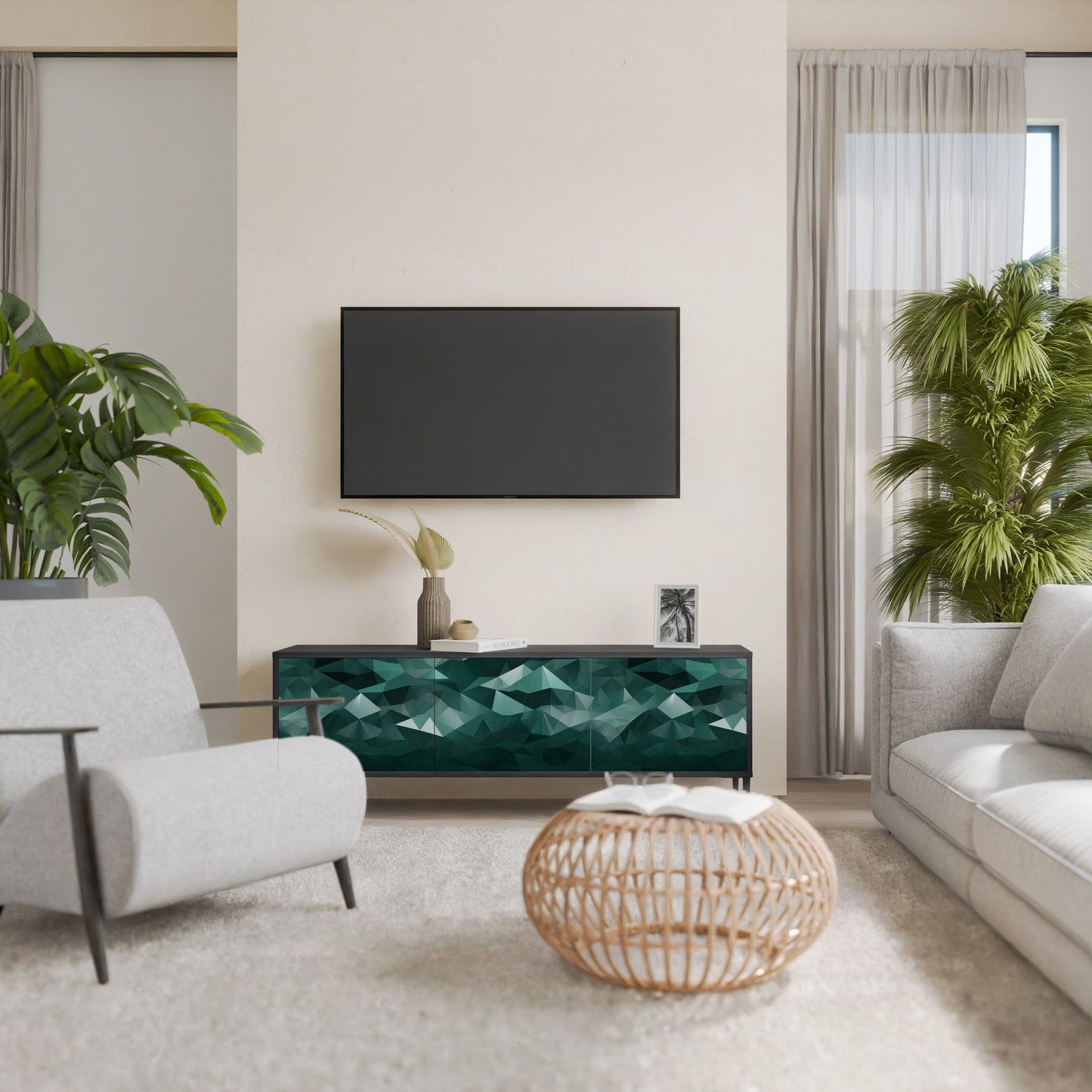 POLYGONAL SVÄVANDE TV-STÄB med 3 dörrar i svart finish