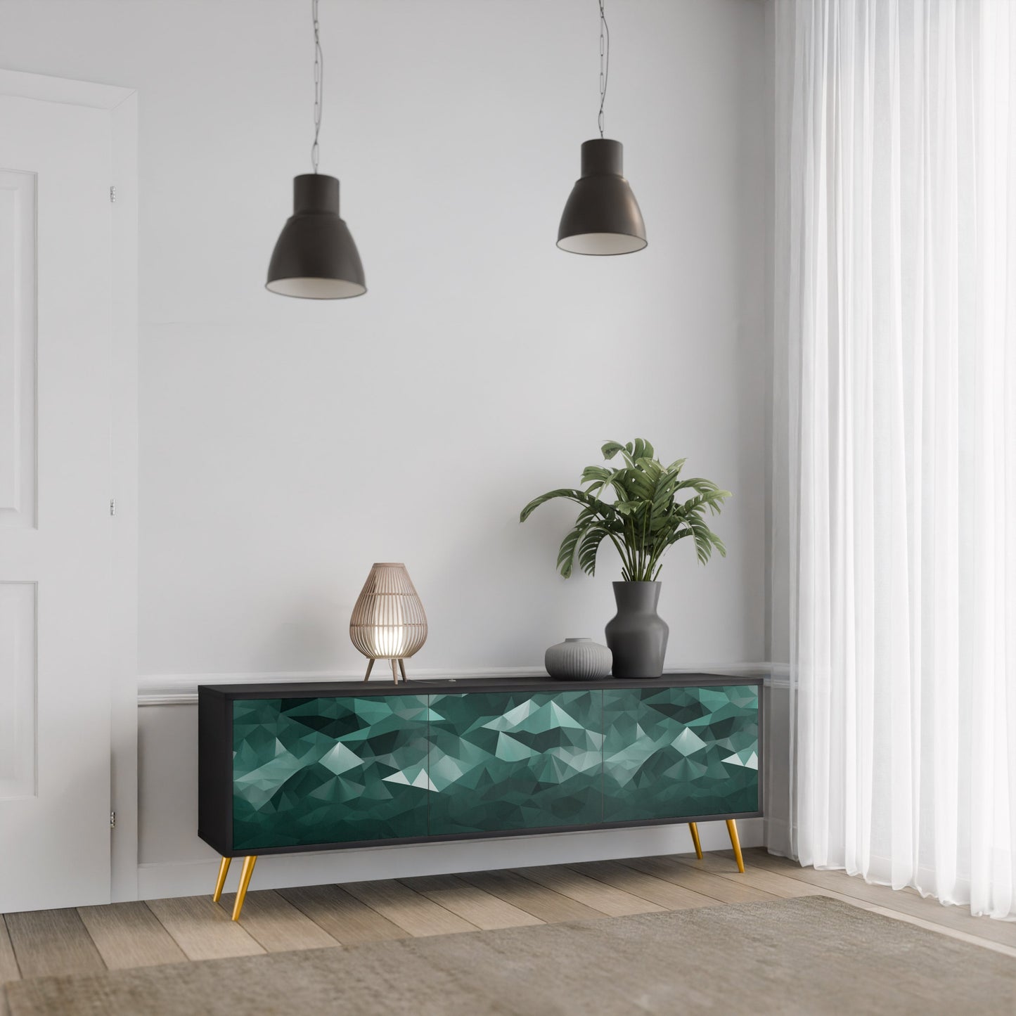 POLYGONAL SVÄVANDE TV-STÄB med 3 dörrar i svart finish