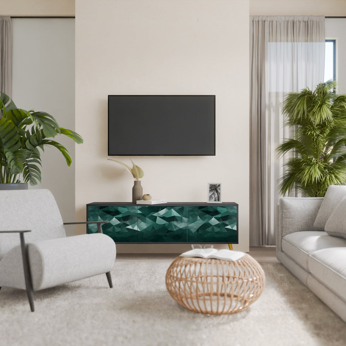 POLYGONAL SVÄVANDE TV-STÄB med 3 dörrar i svart finish