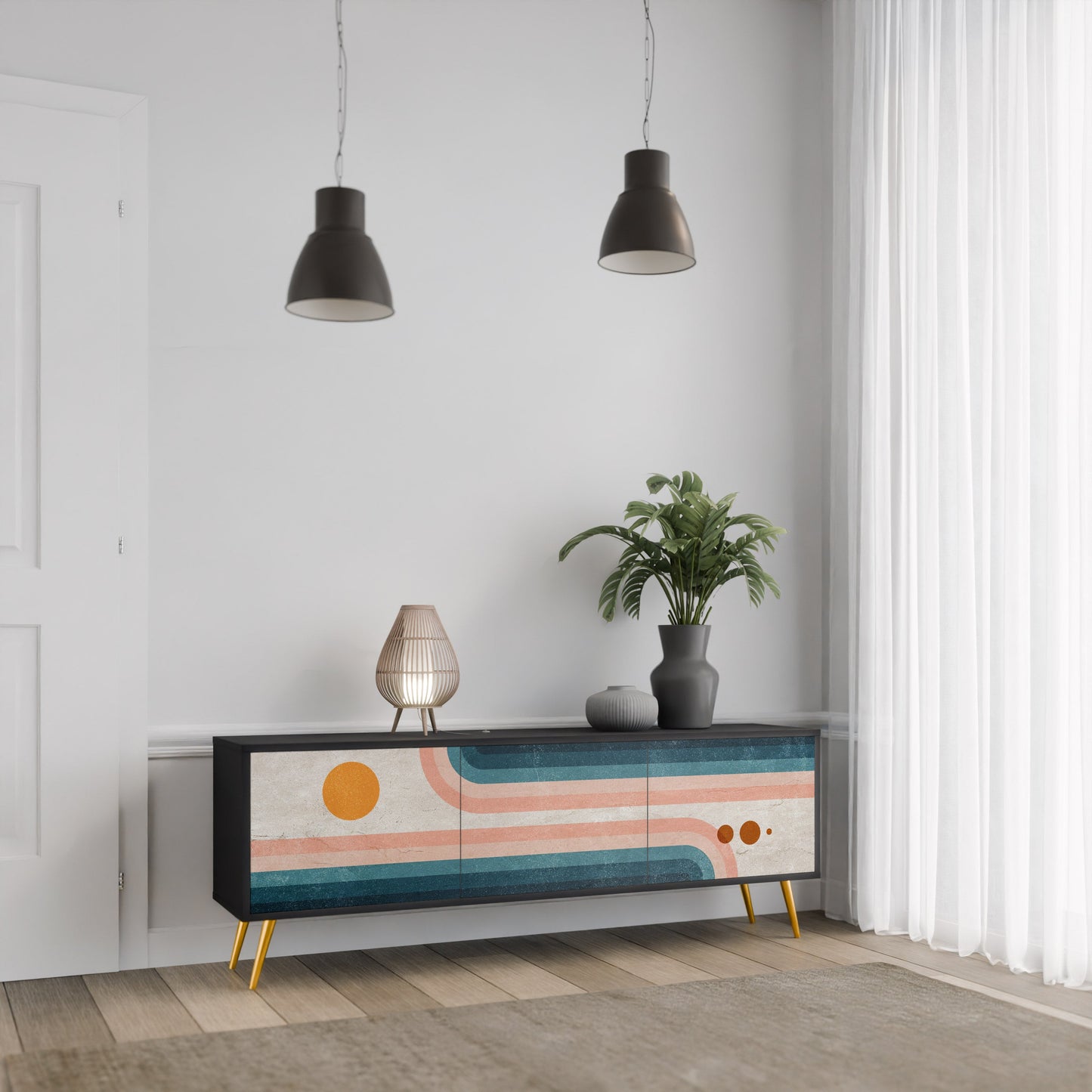 TV-bänk med 3 dörrar i svart finish, TWO HALVES