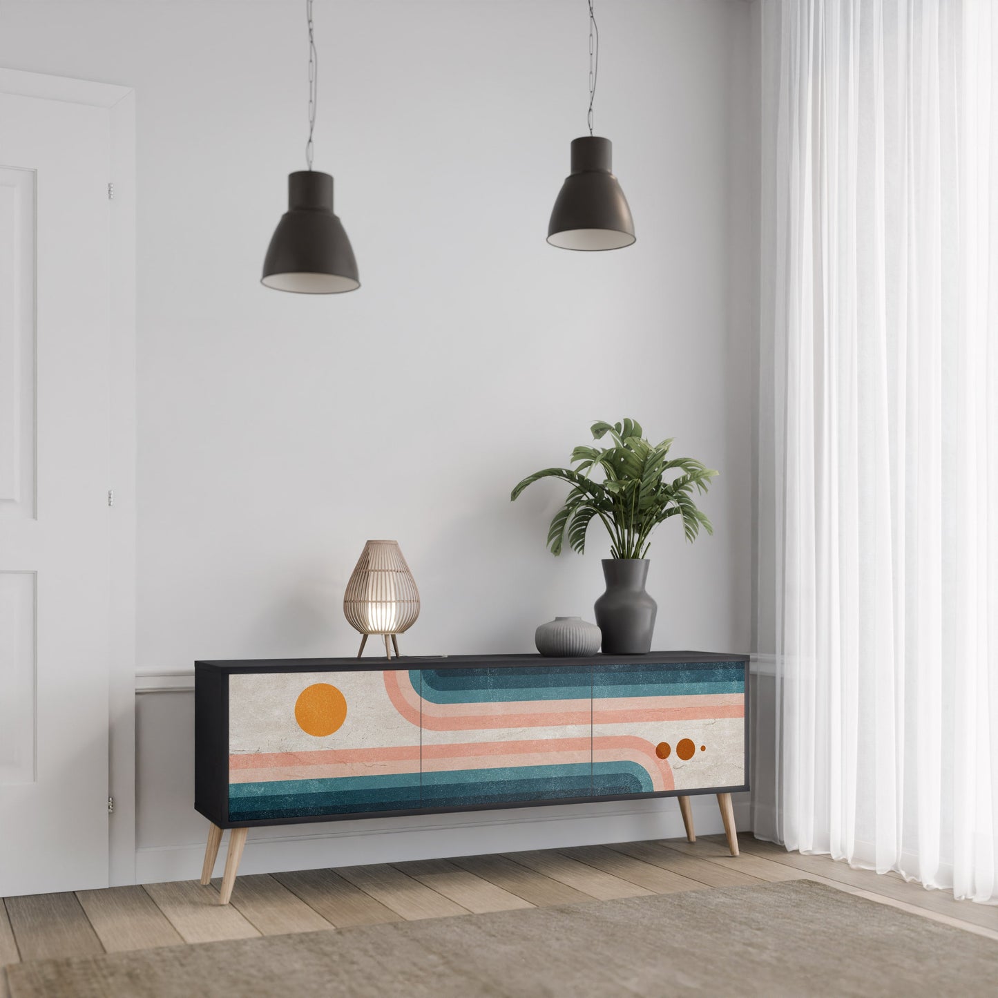 TV-bänk med 3 dörrar i svart finish, TWO HALVES