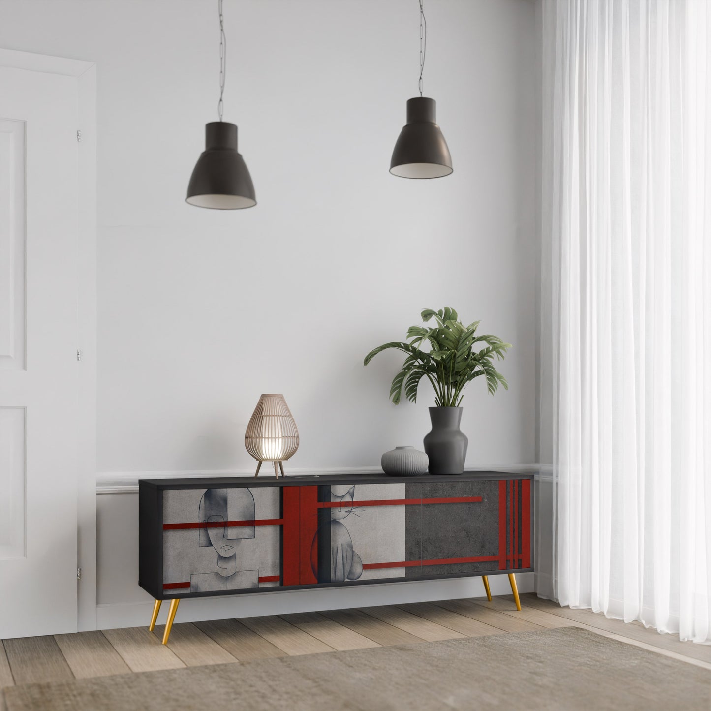 GRAY FIGURES TV-bänk med 3 dörrar i svart finish