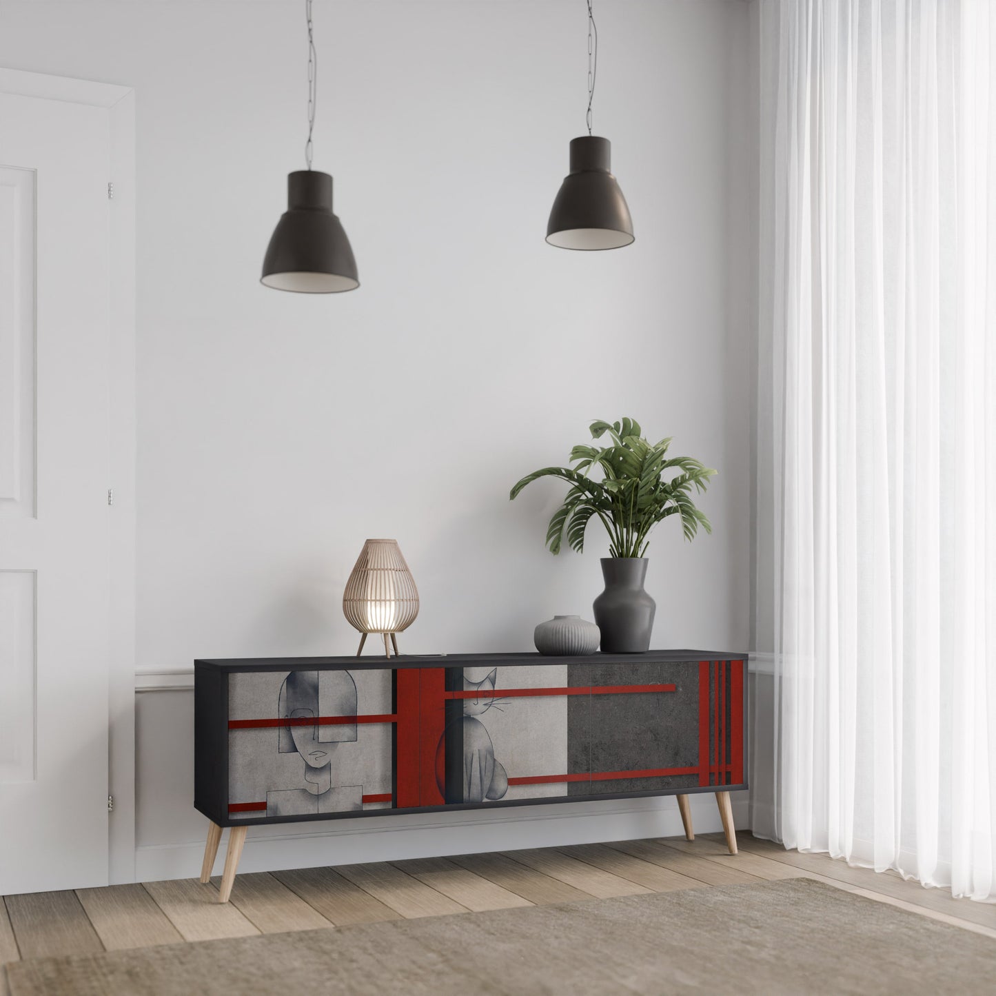 GRAY FIGURES TV-bänk med 3 dörrar i svart finish