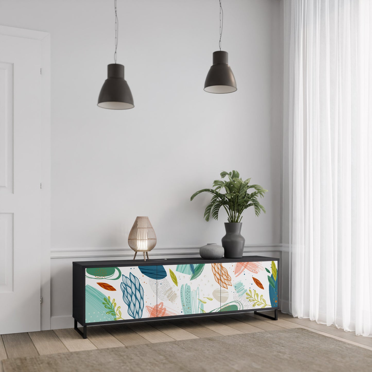 BOTANICAL HURRICANE TV-bänk med 3 dörrar i svart finish