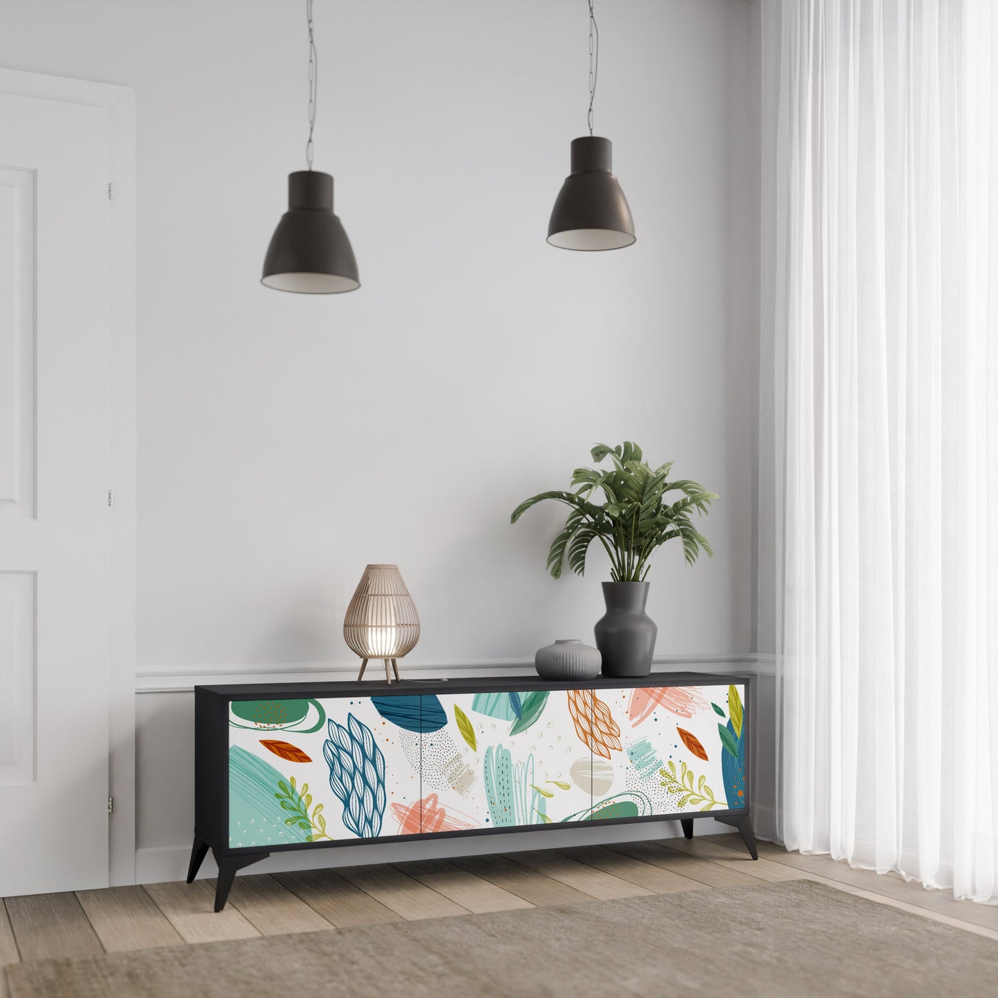 BOTANICAL HURRICANE TV-bänk med 3 dörrar i svart finish