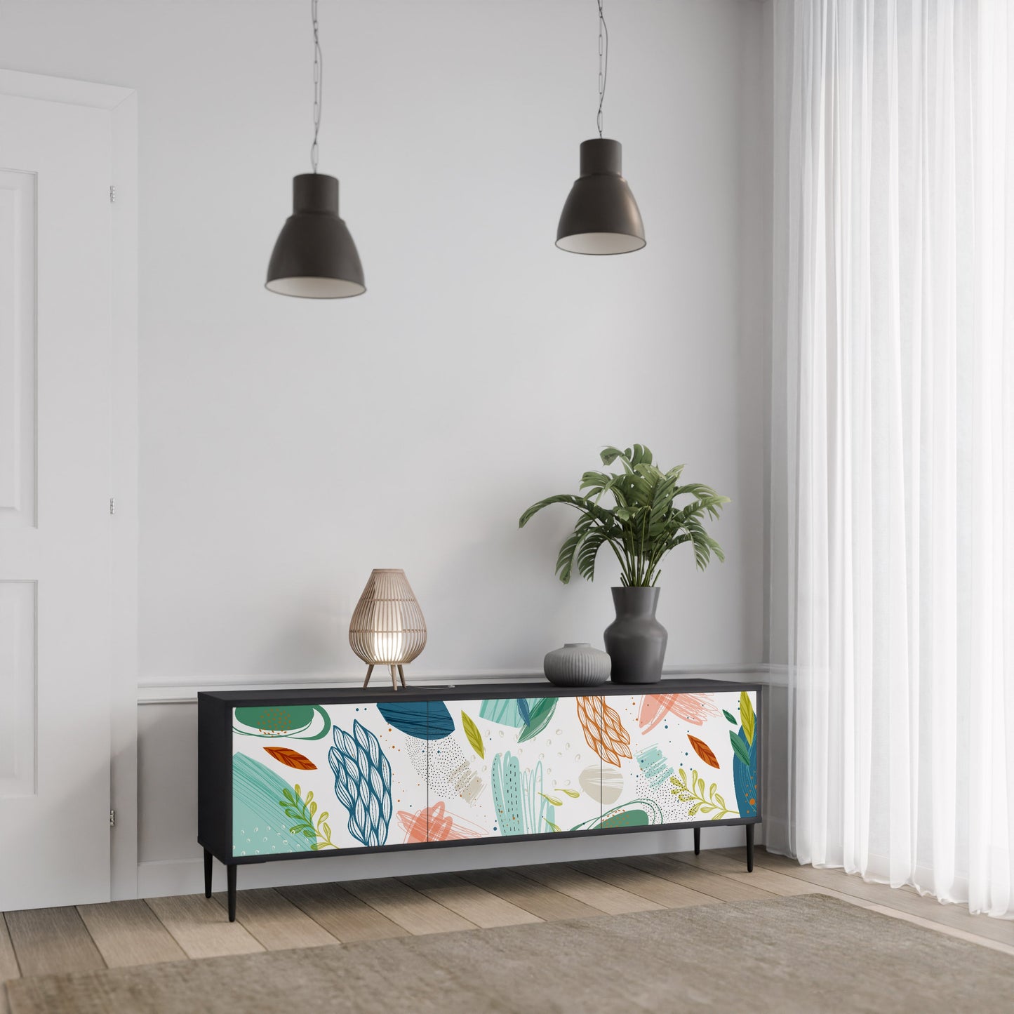 BOTANICAL HURRICANE TV-bänk med 3 dörrar i svart finish