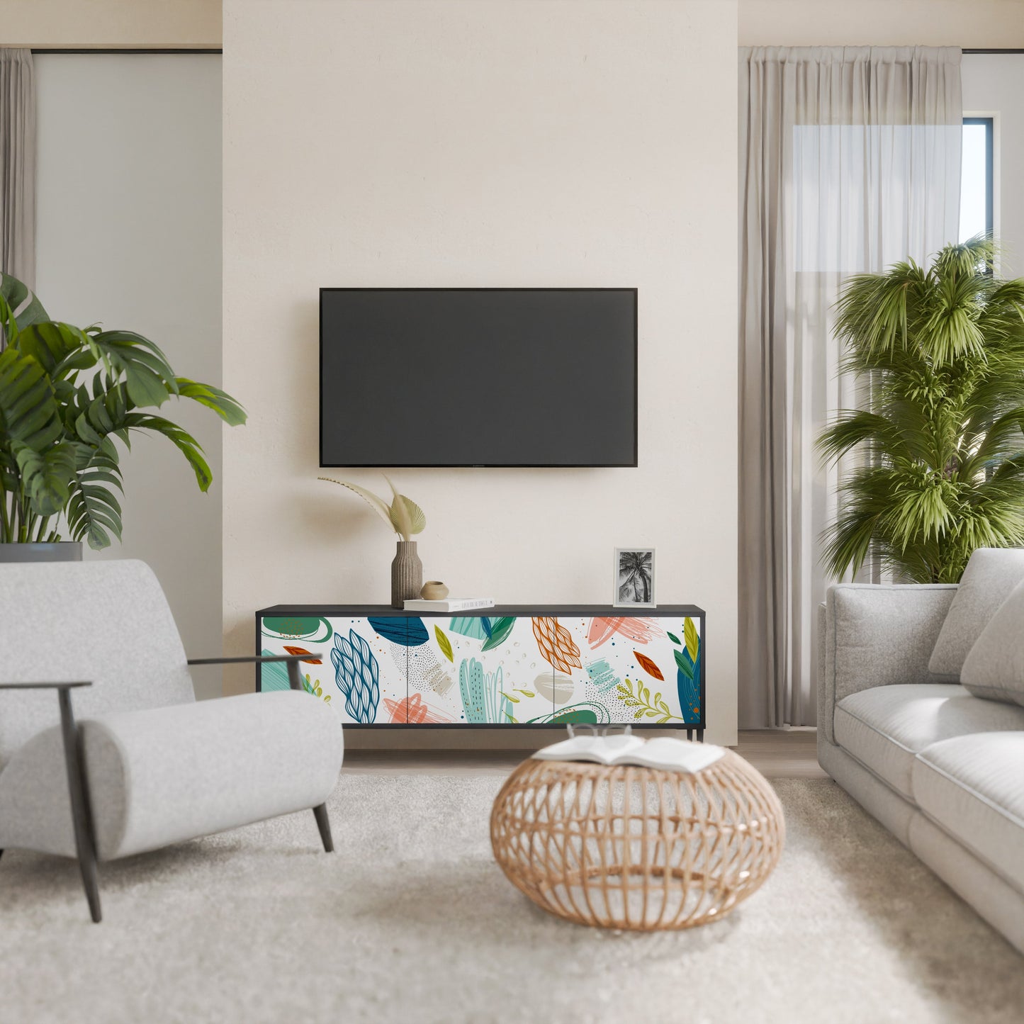 BOTANICAL HURRICANE TV-bänk med 3 dörrar i svart finish