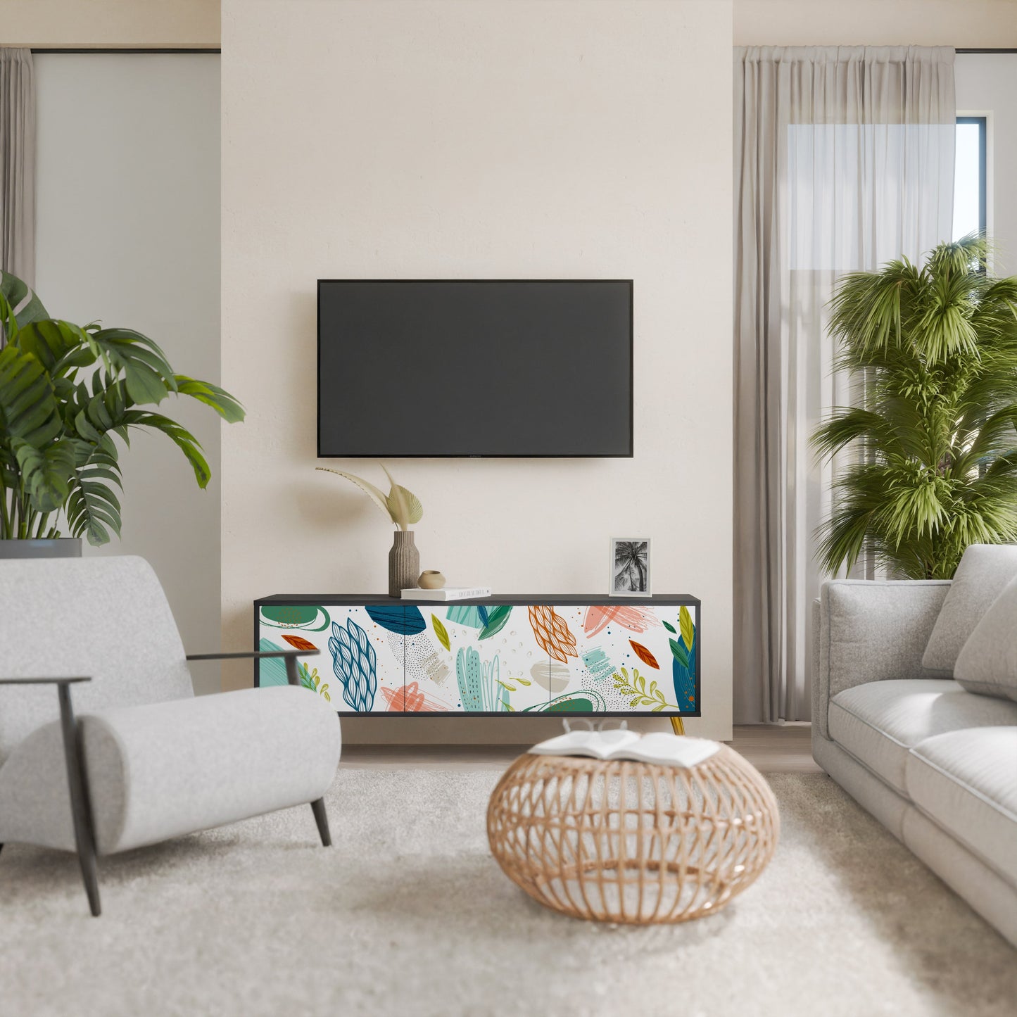 BOTANICAL HURRICANE TV-bänk med 3 dörrar i svart finish