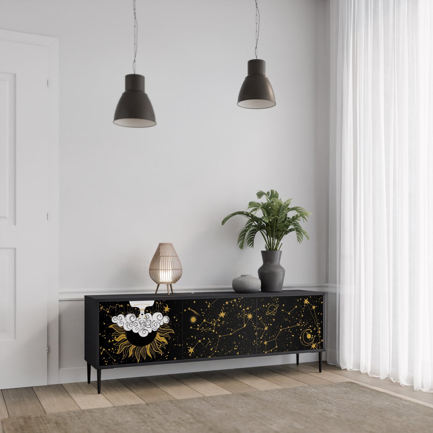 STELLAR CONSTELLATIONS TV-bänk med 3 dörrar i svart finish