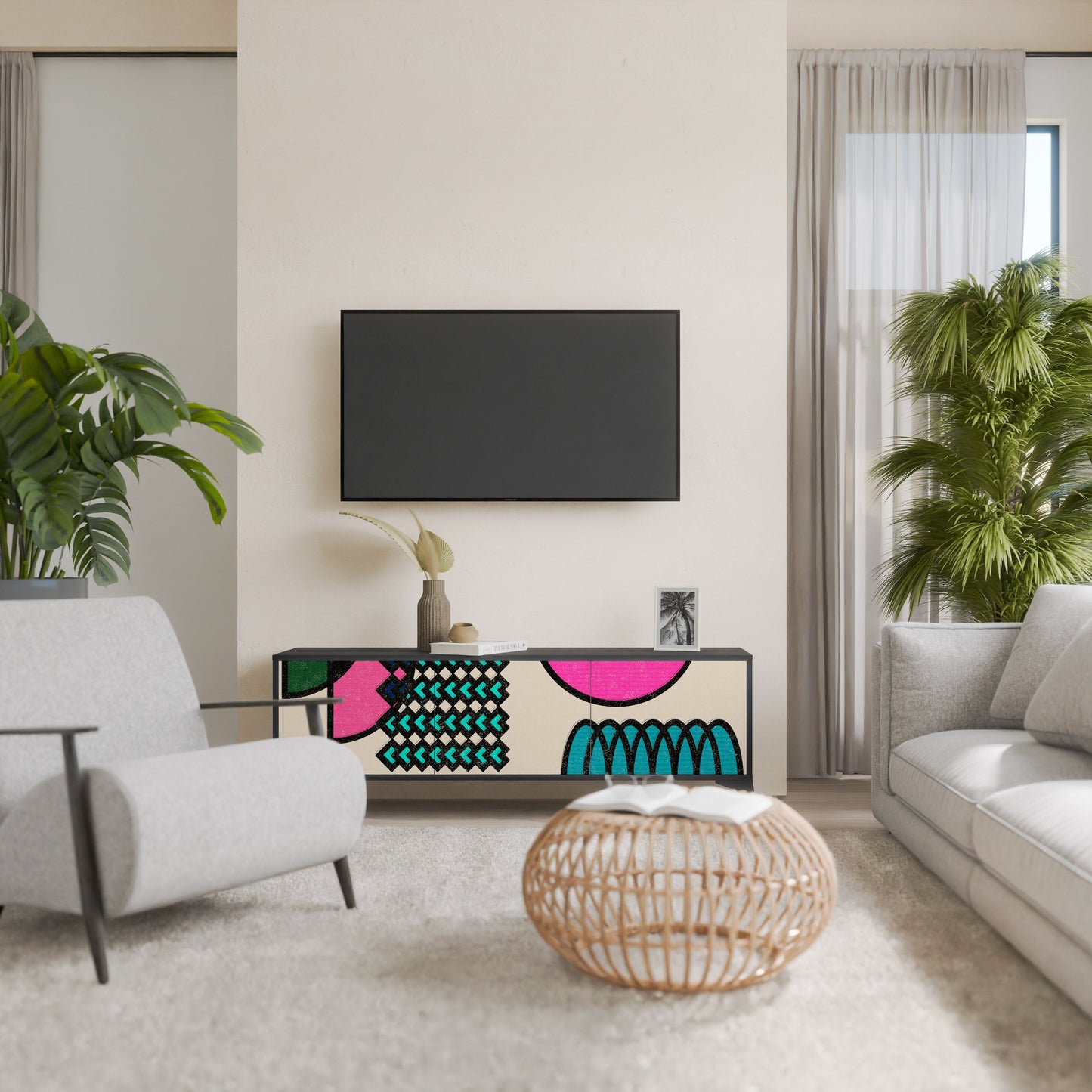 GEOMETRIC RHAPSODY 3-Door TV Stand in Black Finish