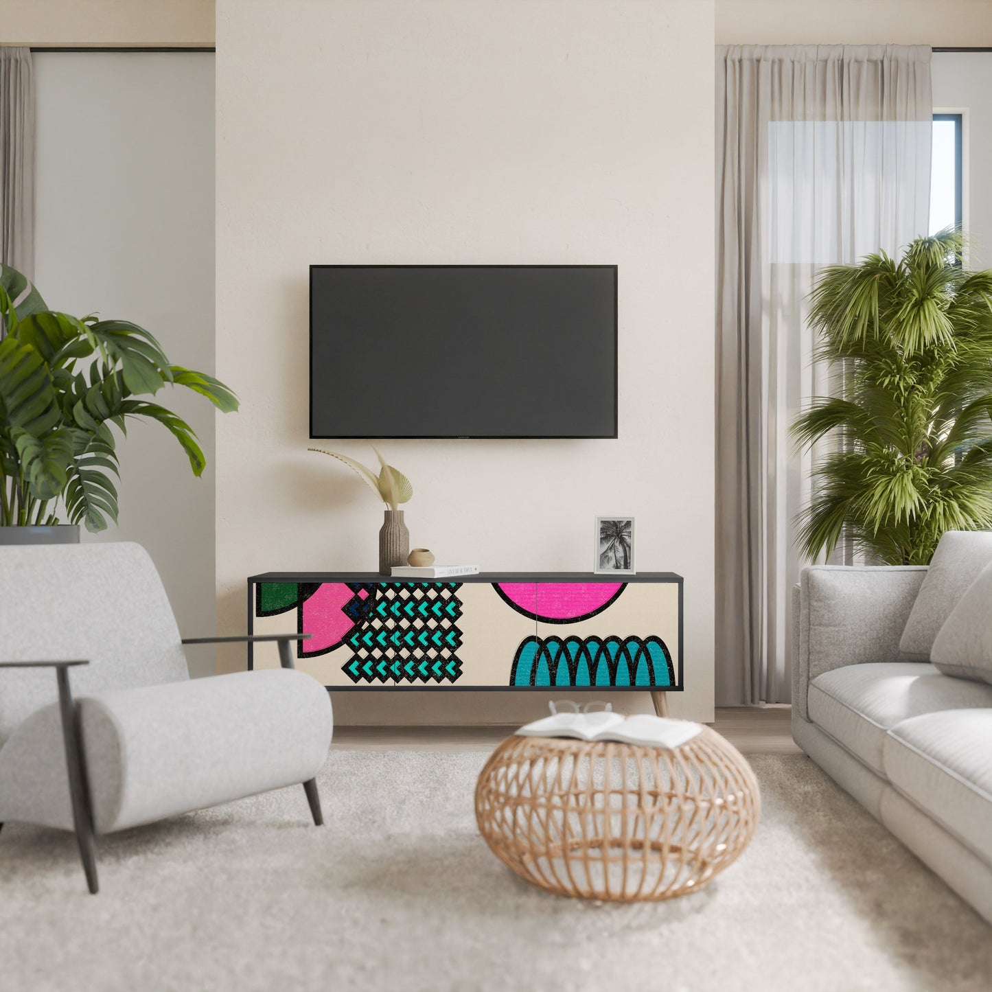 GEOMETRIC RHAPSODY 3-Door TV Stand in Black Finish
