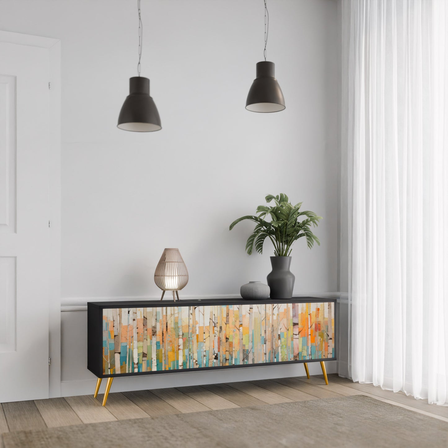 BIRCH KALEIDOSCOPE TV-bänk med 3 dörrar i svart finish