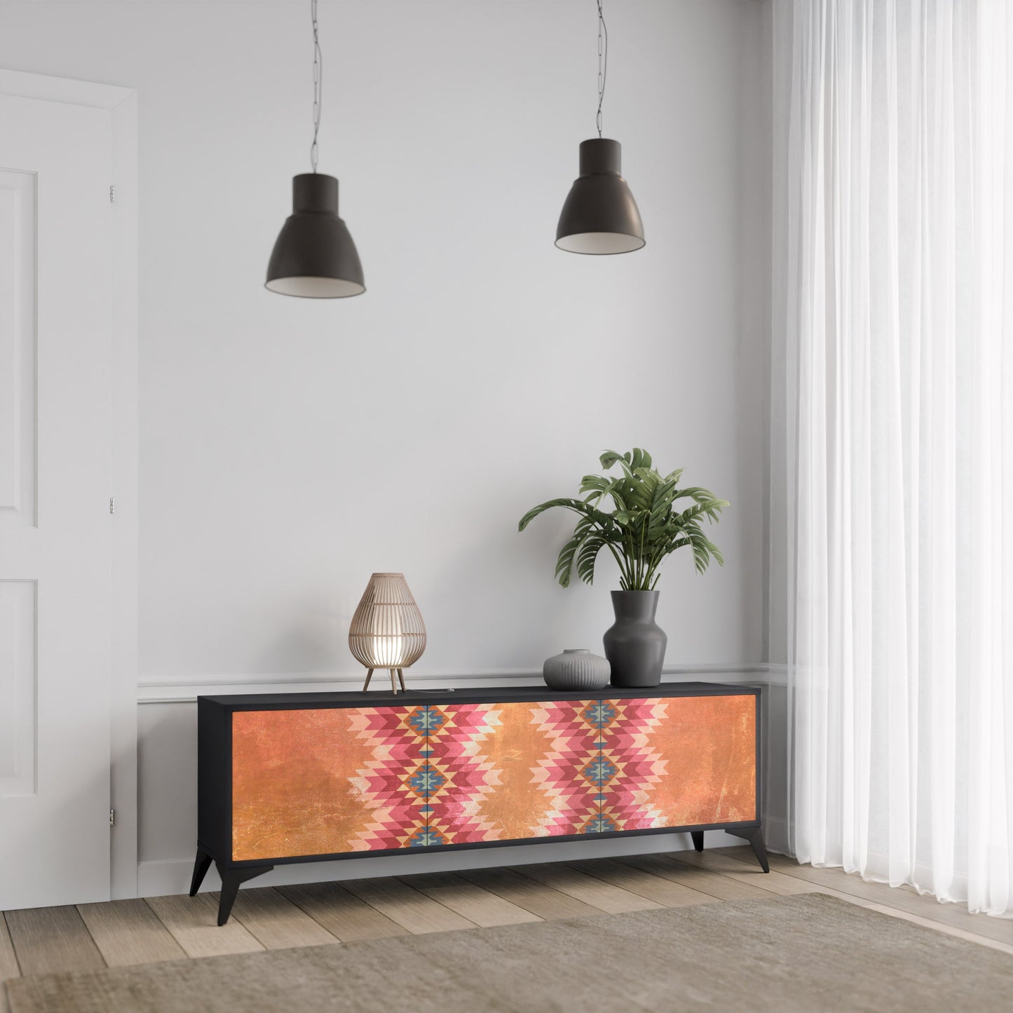 INDIAN FOLK TV-bänk med 3 dörrar i svart finish
