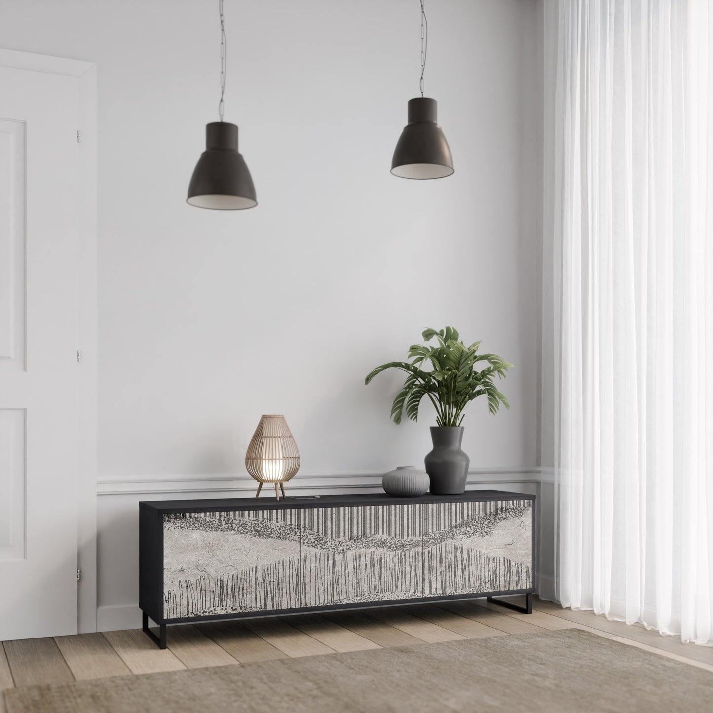GRAIN LINES TV-bänk med 3 dörrar i svart finish