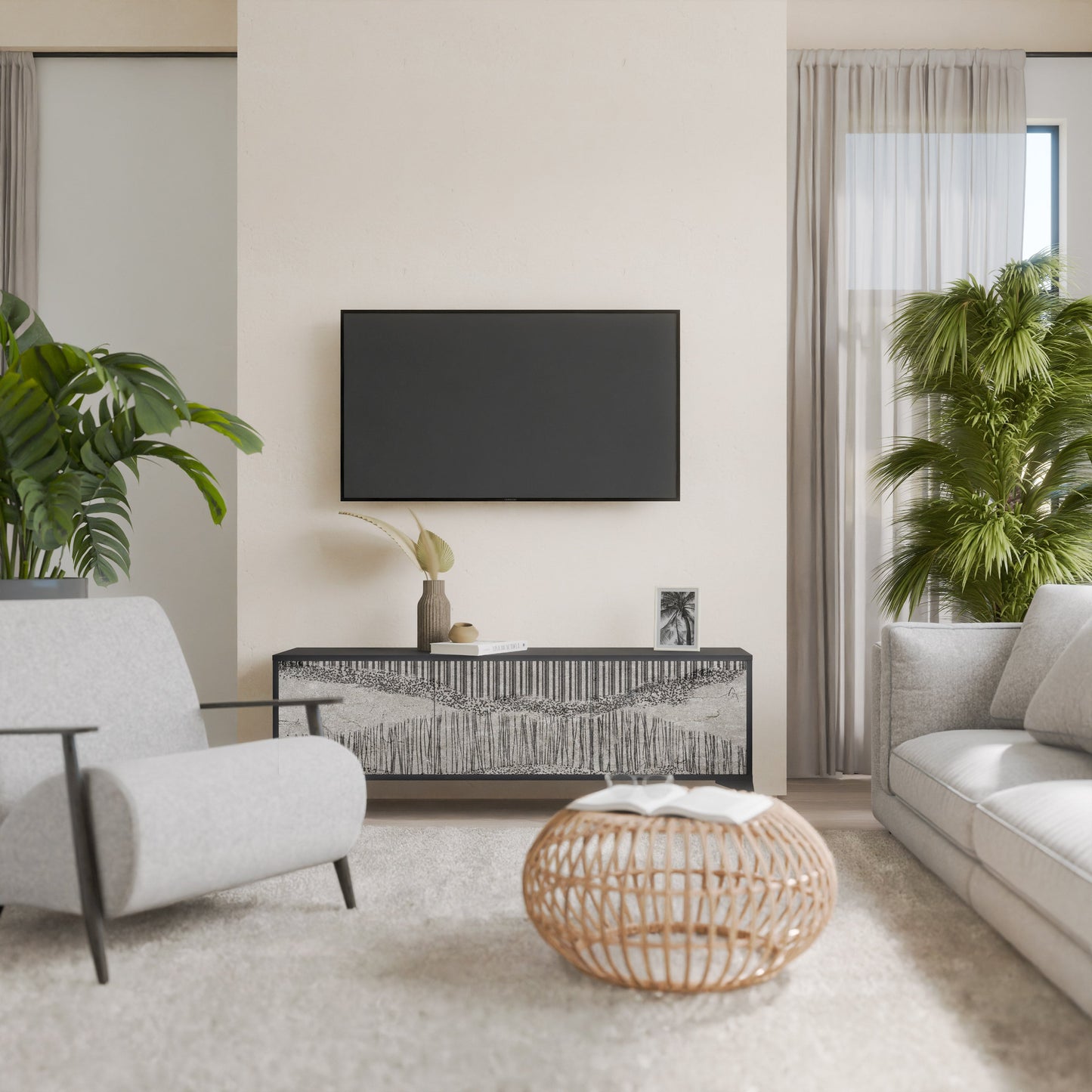 GRAIN LINES TV-bänk med 3 dörrar i svart finish