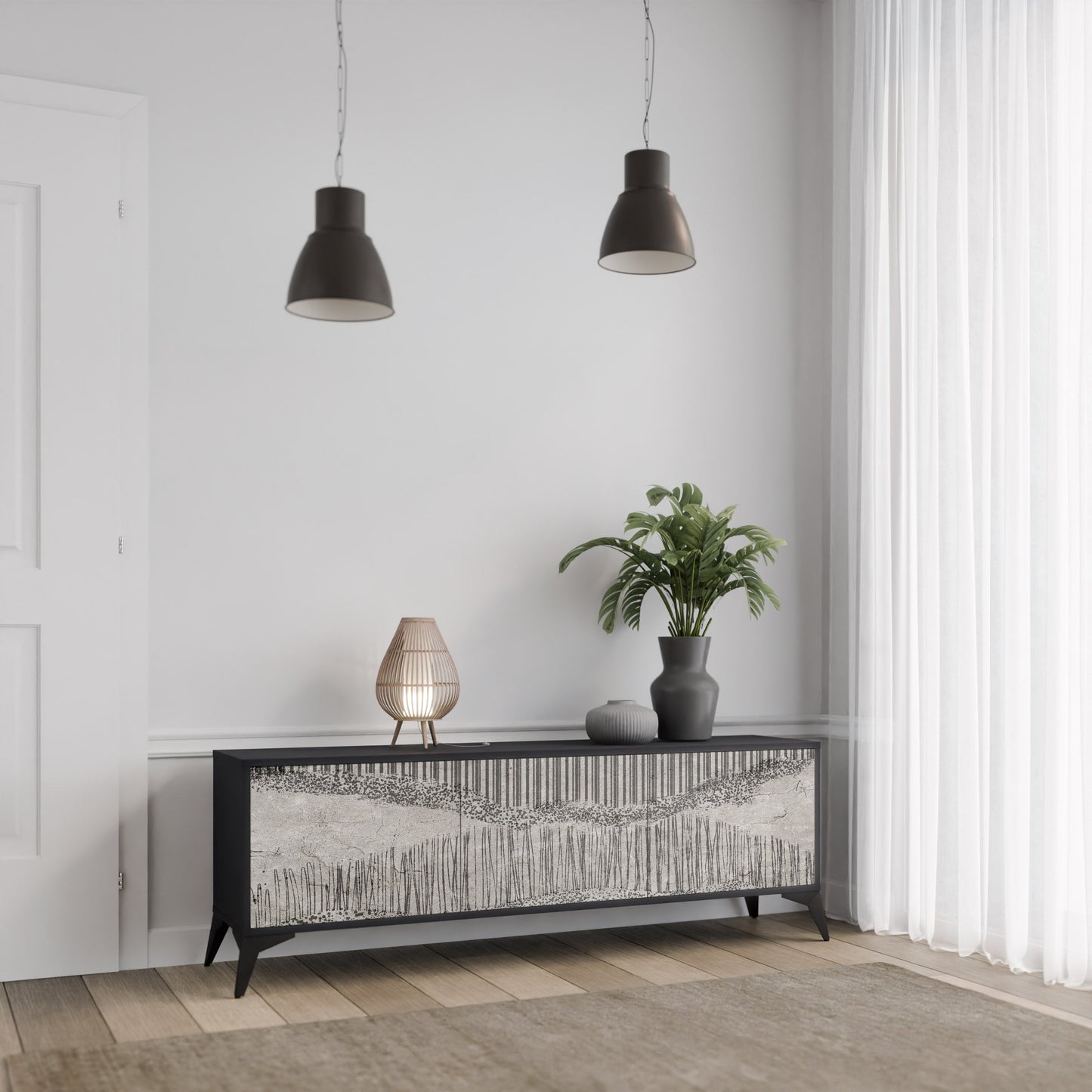 GRAIN LINES TV-bänk med 3 dörrar i svart finish