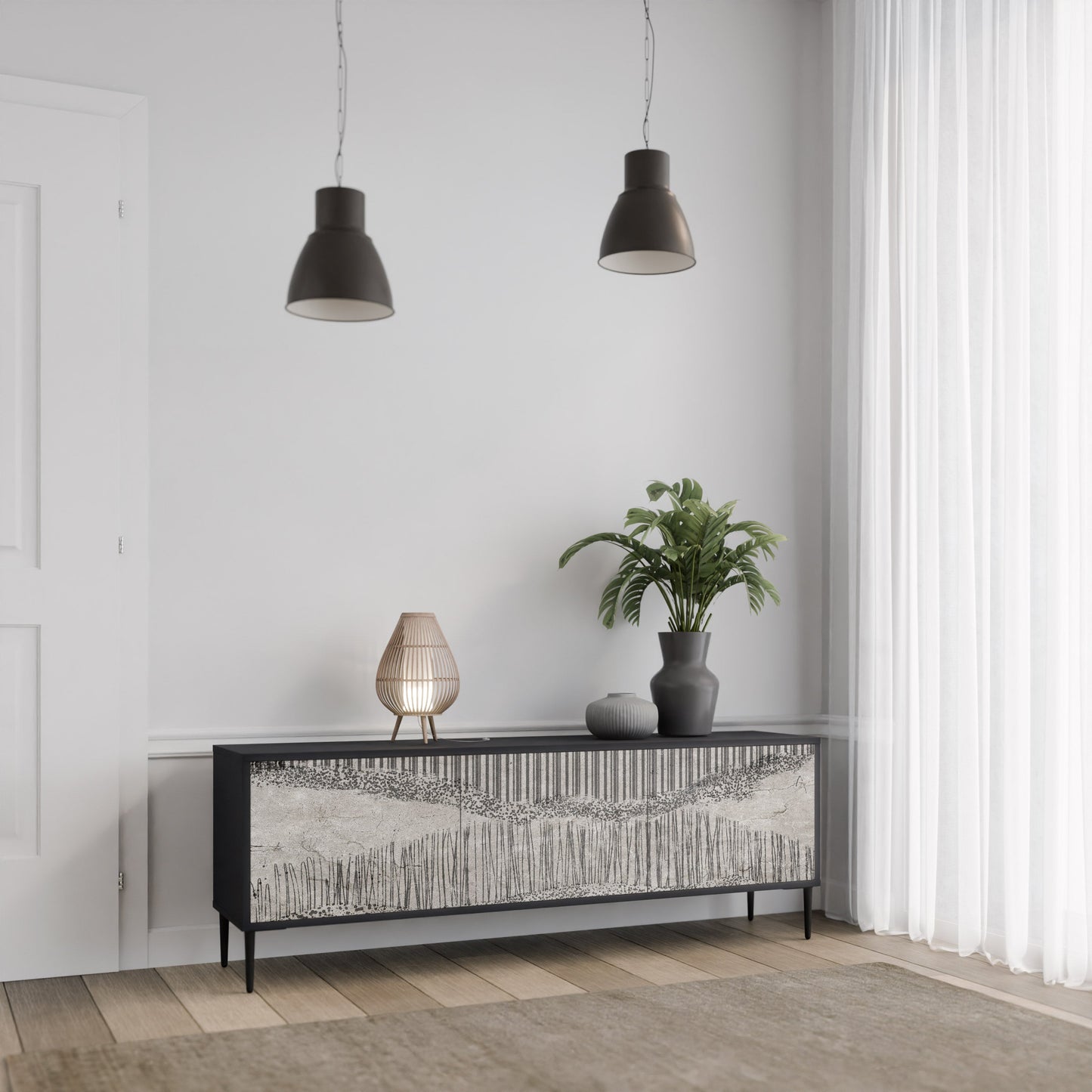 GRAIN LINES TV-bänk med 3 dörrar i svart finish