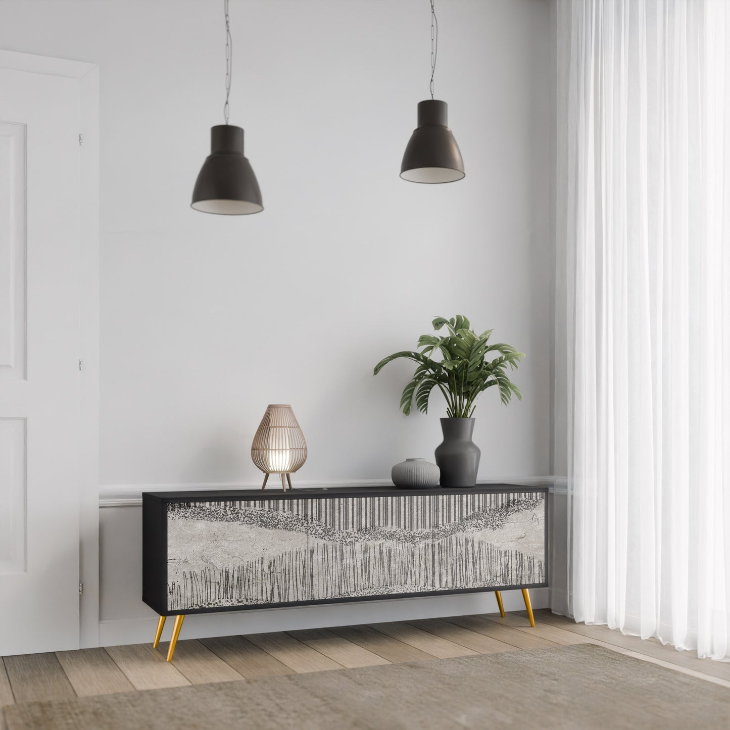 GRAIN LINES TV-bänk med 3 dörrar i svart finish
