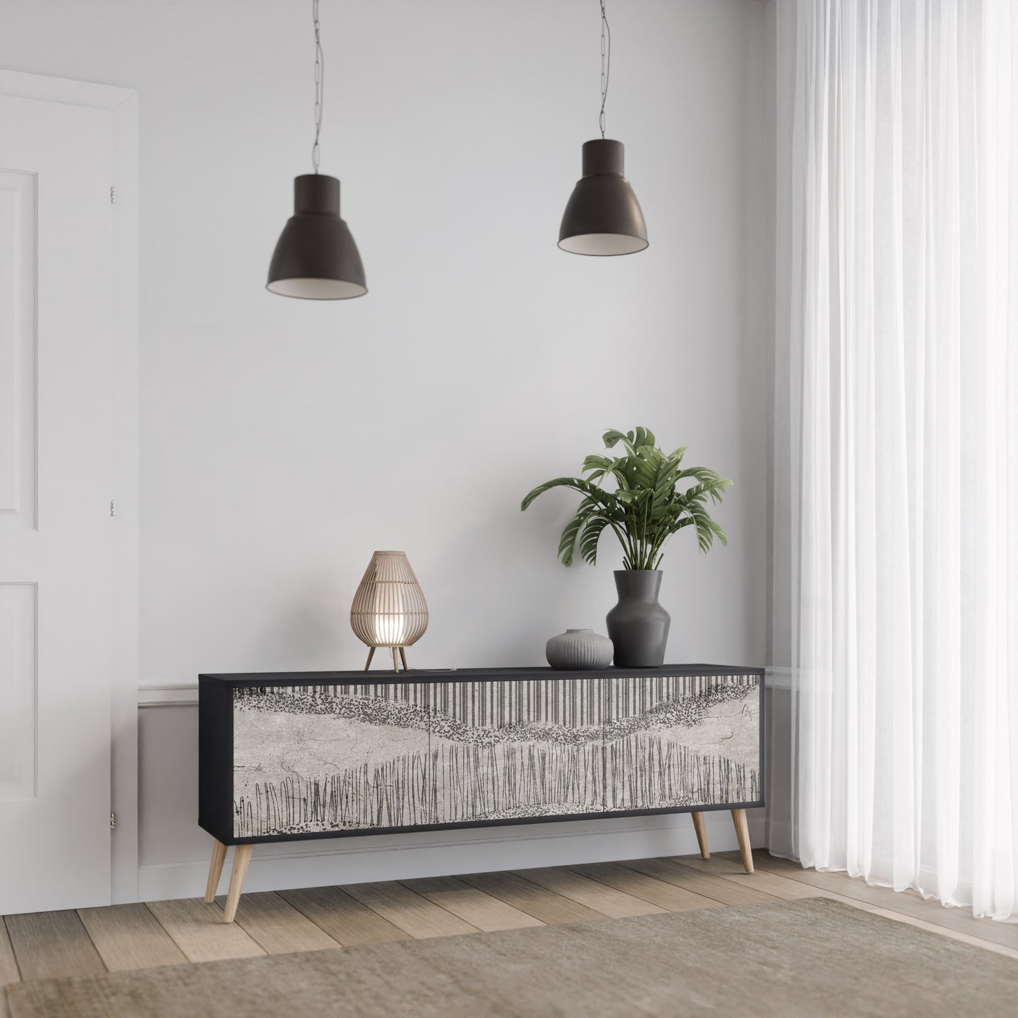 GRAIN LINES TV-bänk med 3 dörrar i svart finish