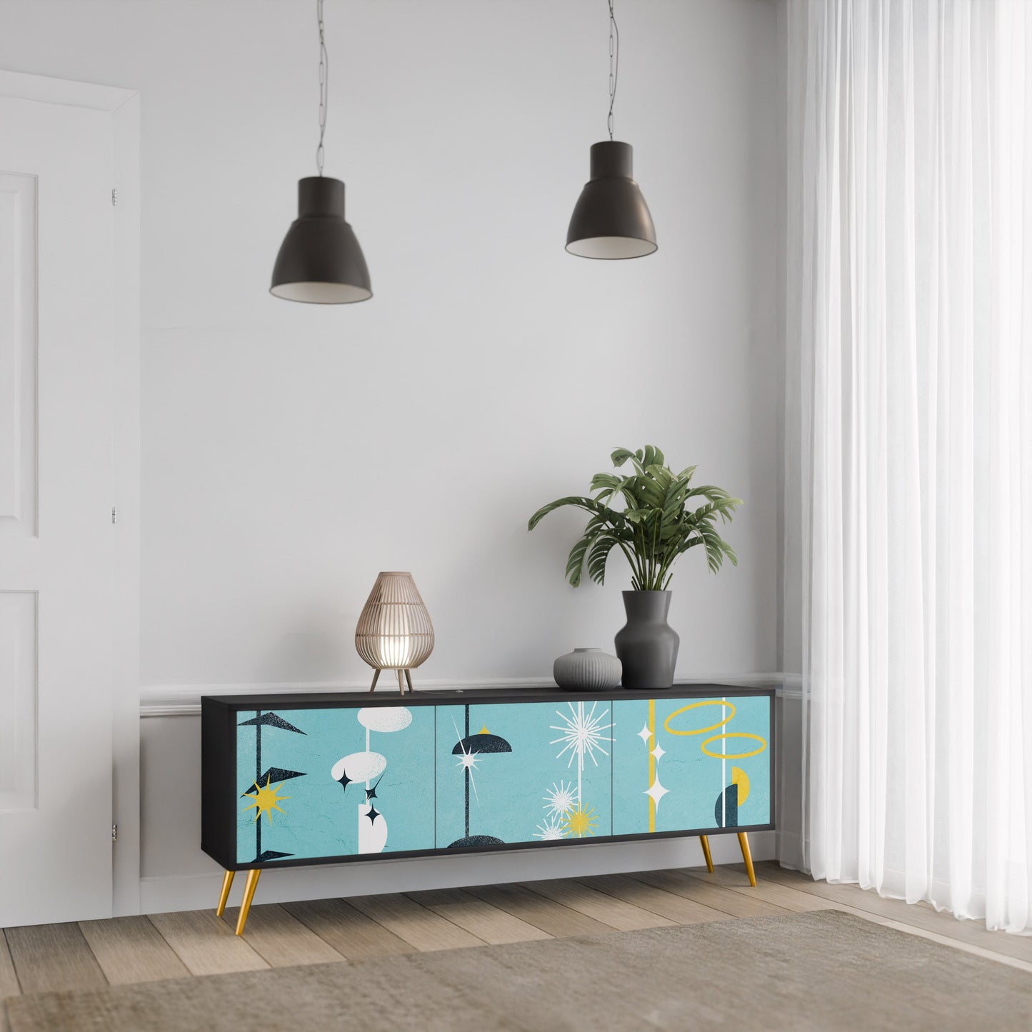 VÄGAR TILL LYCKA TV-bänk med 3 dörrar i svart finish
