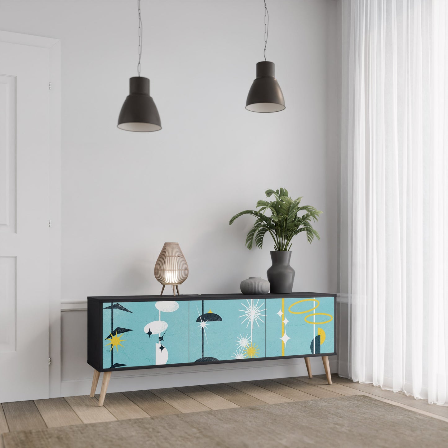 VÄGAR TILL LYCKA TV-bänk med 3 dörrar i svart finish