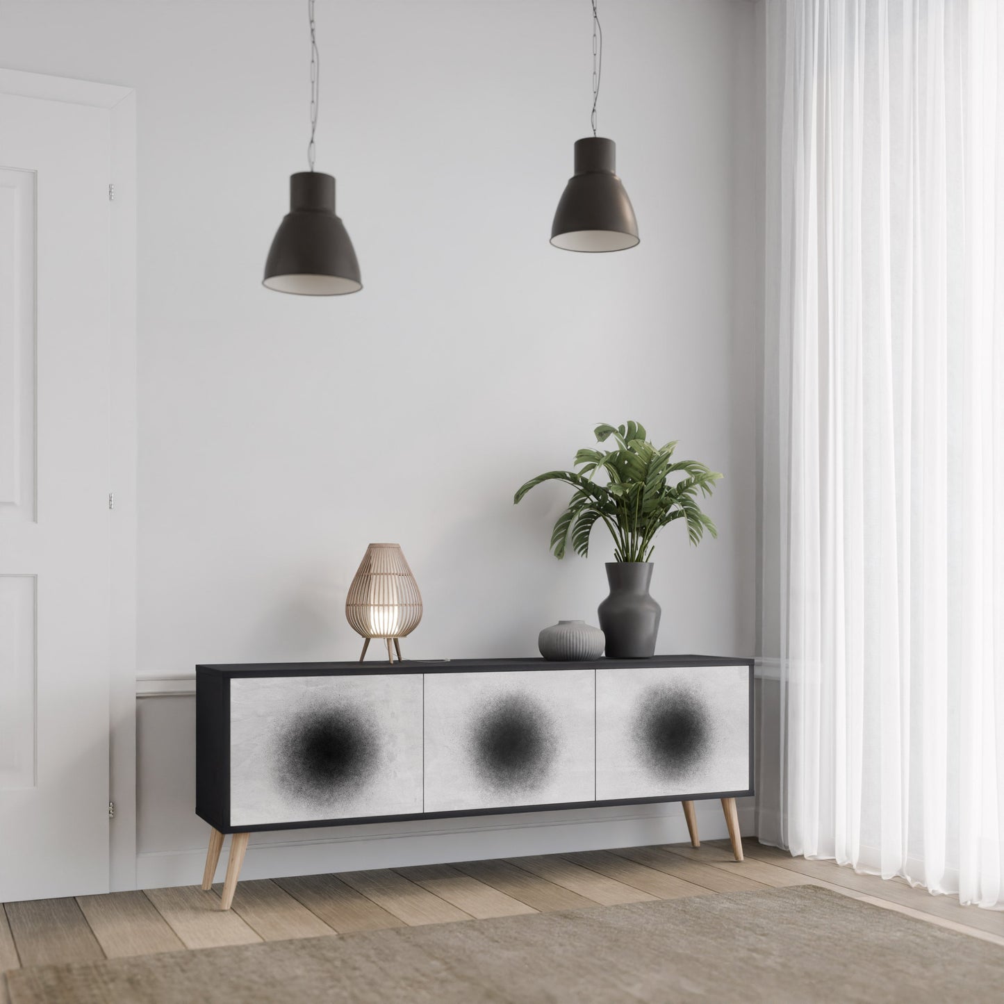 BLACK HOLE TV-bänk med 3 dörrar i svart finish