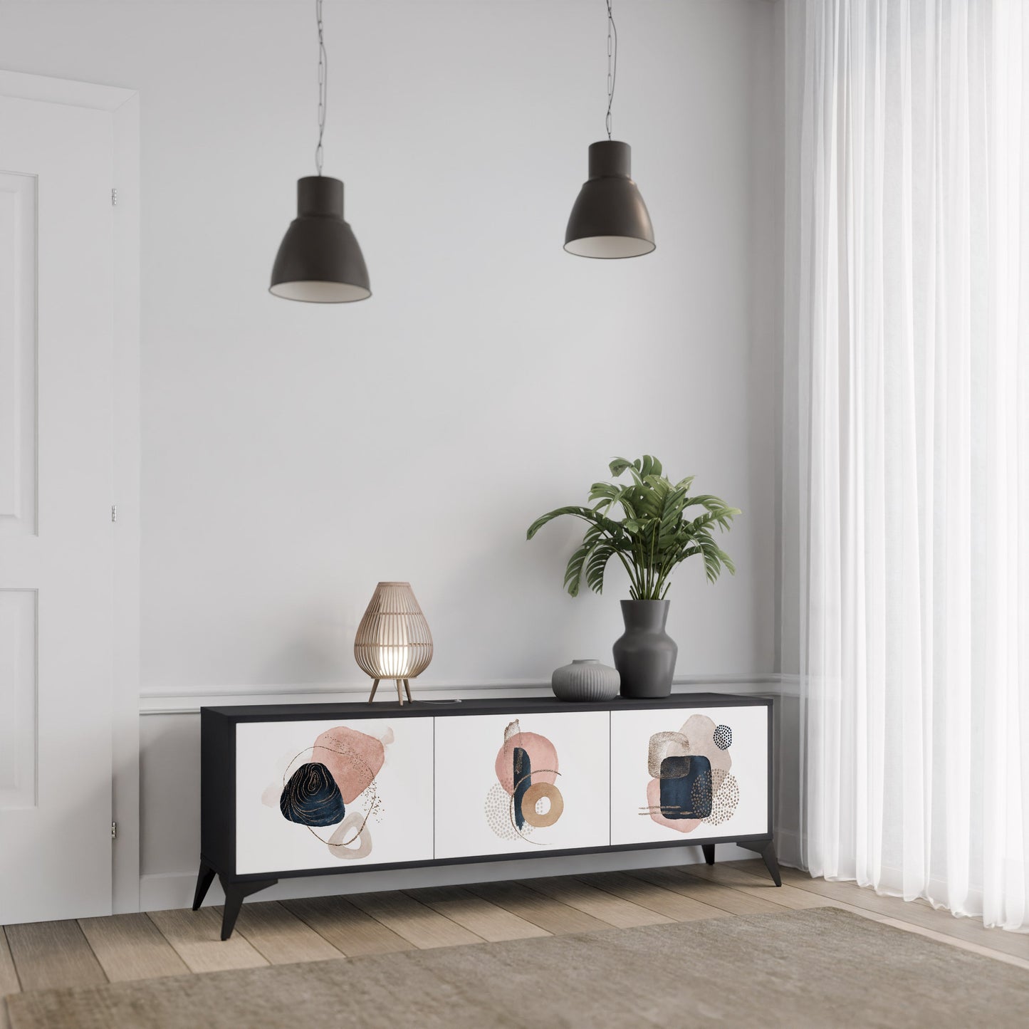 FÄRGGLADA FORMER TV-bänk med 3 dörrar i svart finish