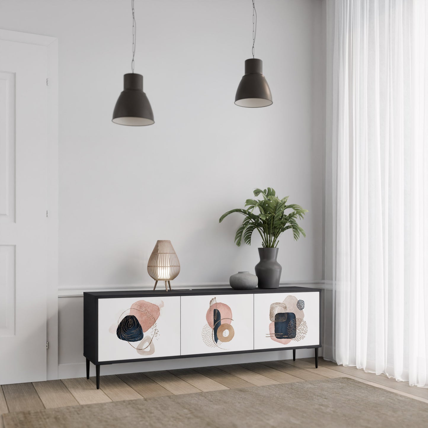 FÄRGGLADA FORMER TV-bänk med 3 dörrar i svart finish