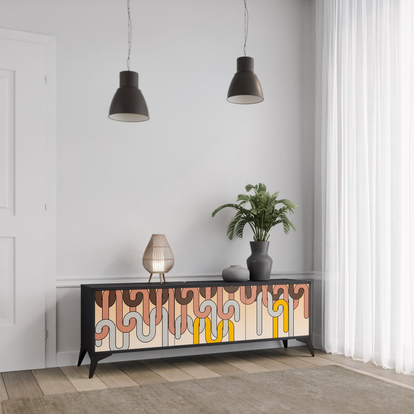 COLORFUL STRINGS 3-Door TV Stand in Black Finish
