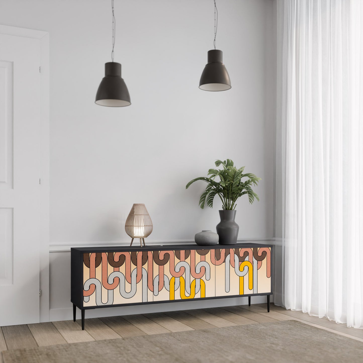 COLORFUL STRINGS 3-Door TV Stand in Black Finish