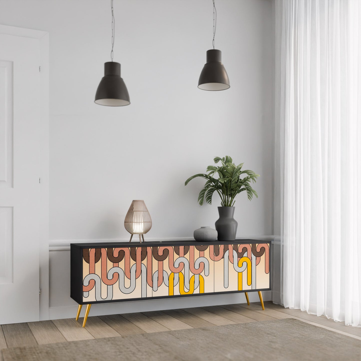 COLORFUL STRINGS 3-Door TV Stand in Black Finish