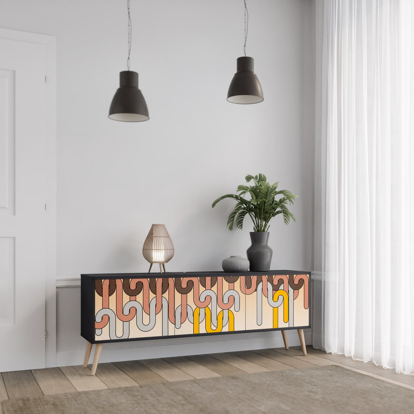 COLORFUL STRINGS 3-Door TV Stand in Black Finish