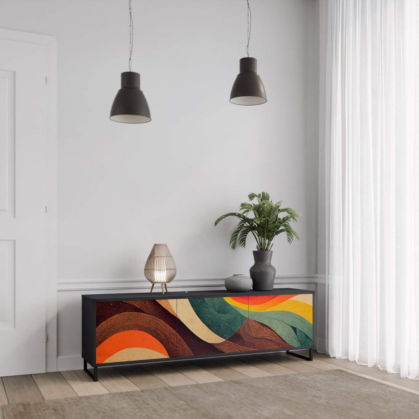 COLORFUL STRANDS TV-bänk med 3 dörrar i svart finish