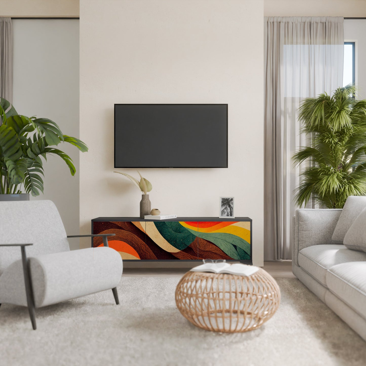 COLORFUL STRANDS TV-bänk med 3 dörrar i svart finish