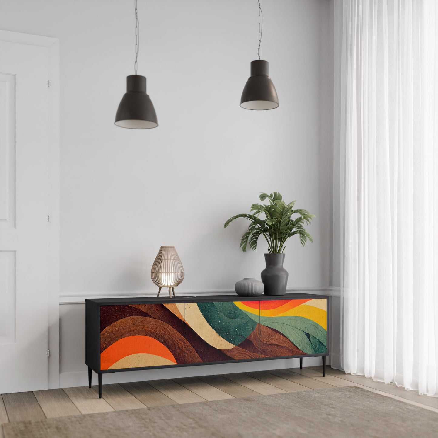 COLORFUL STRANDS TV-bänk med 3 dörrar i svart finish