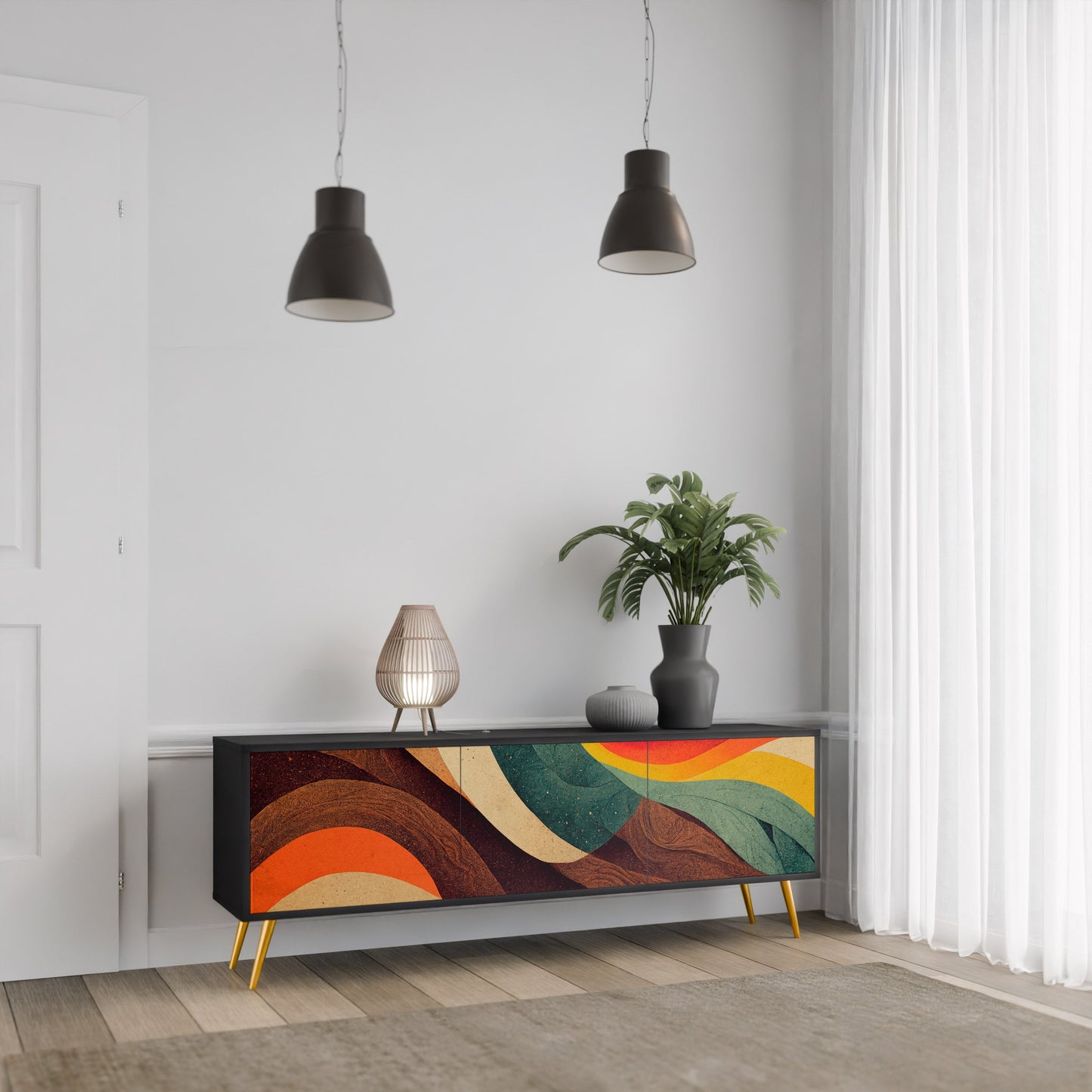 COLORFUL STRANDS TV-bänk med 3 dörrar i svart finish