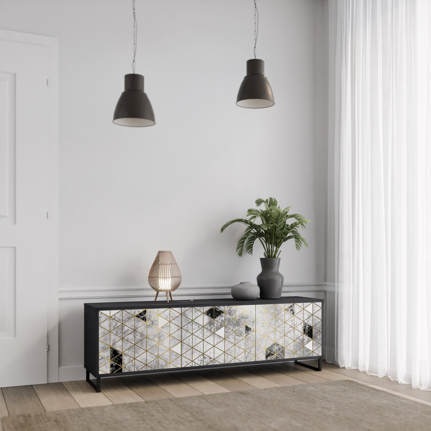 ASHEN ARIA 3-Door TV Stand in Black Finish