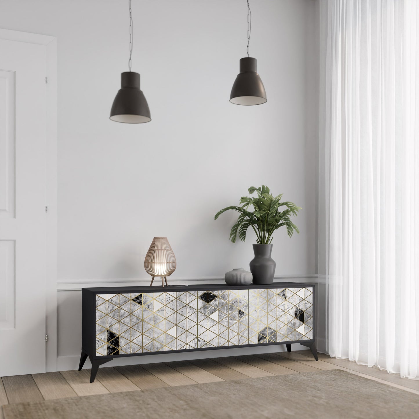 ASHEN ARIA 3-Door TV Stand in Black Finish